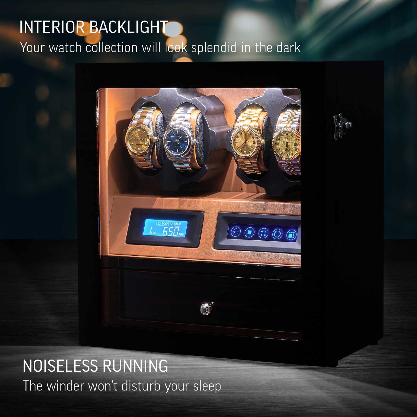 4 Watch Winder with 5 Watch Storage Space, LCD Display, Touch Control and Interior Light (Black + Brown)