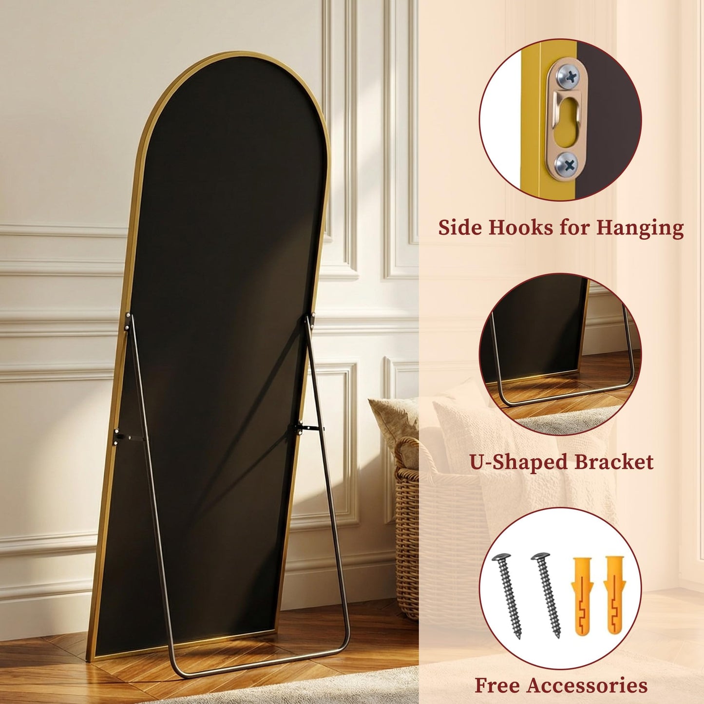 Suidia 86"x46" Arched Full Length Mirror with Stand, Full Body Mirror with Aluminum Frame, Freestanding/Leaning/Wall-Mounted, Floor Mirrors for Bedroom, Living Room, Entryway, Dressing Room, Gold