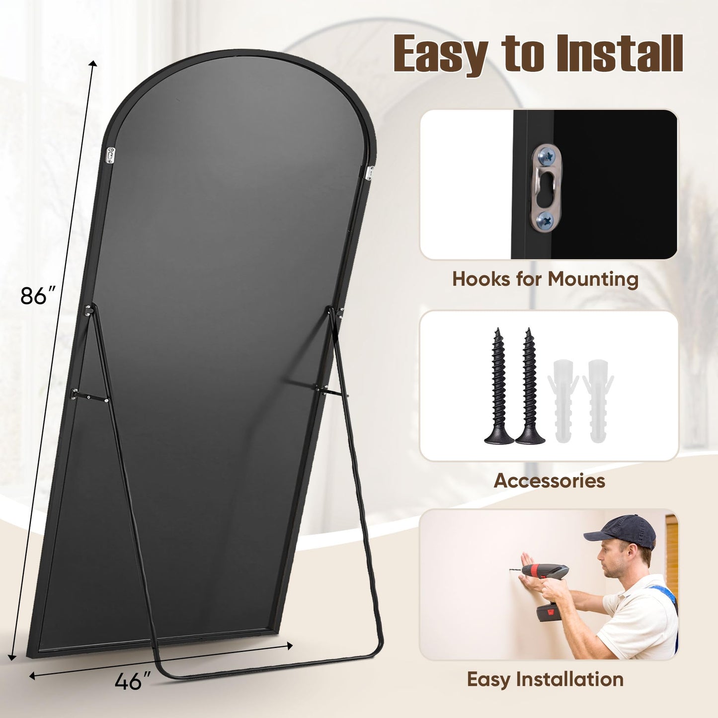 Furnbar Floor Mirror, 86"x46" Oversized Full Length Mirror with Stand, Arched Full Body Mirror Standing Hanging Leaning Against Wall, Aluminum Frame Giant Mirrors for Bedroom Cloakroom, Black