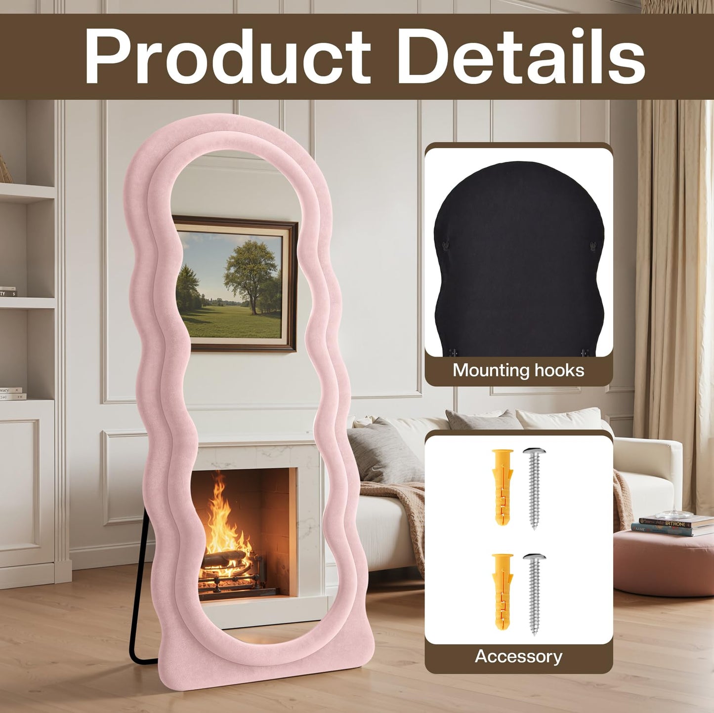 Anpark Full Length Mirror 71"x30" Irregular Wavy Full Body Wall Mounted Floor Mirror with Stand Pink Flannel Frame Leaning Hanging Wall for Bedroom Entrance Hallway