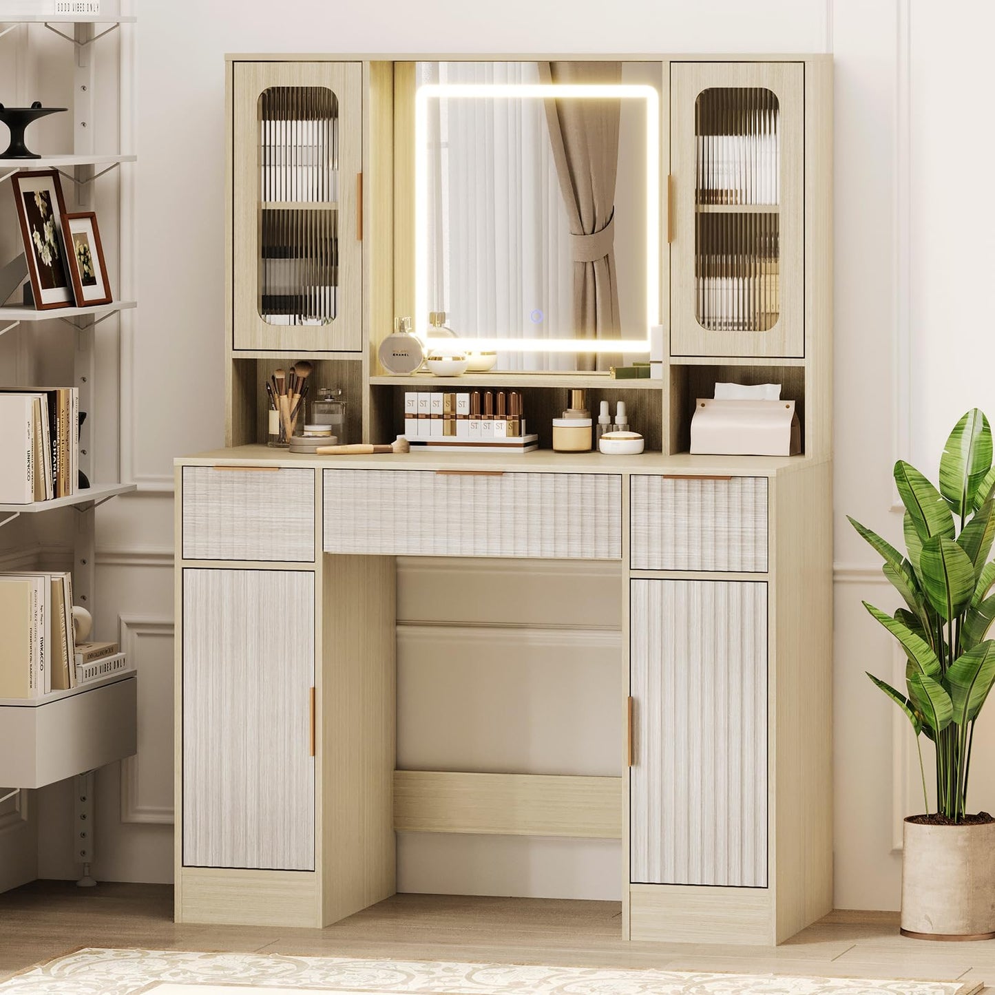 Garvee Vanity Desk with Mirror and Light, Modern Makeup Dressing Table with Adjustable 3 Colors Light, Vanities for Bedroom with 2 Glass Cabinet, 2 Large Cabinet, 3 Drawers & Storage Shelves, Natural