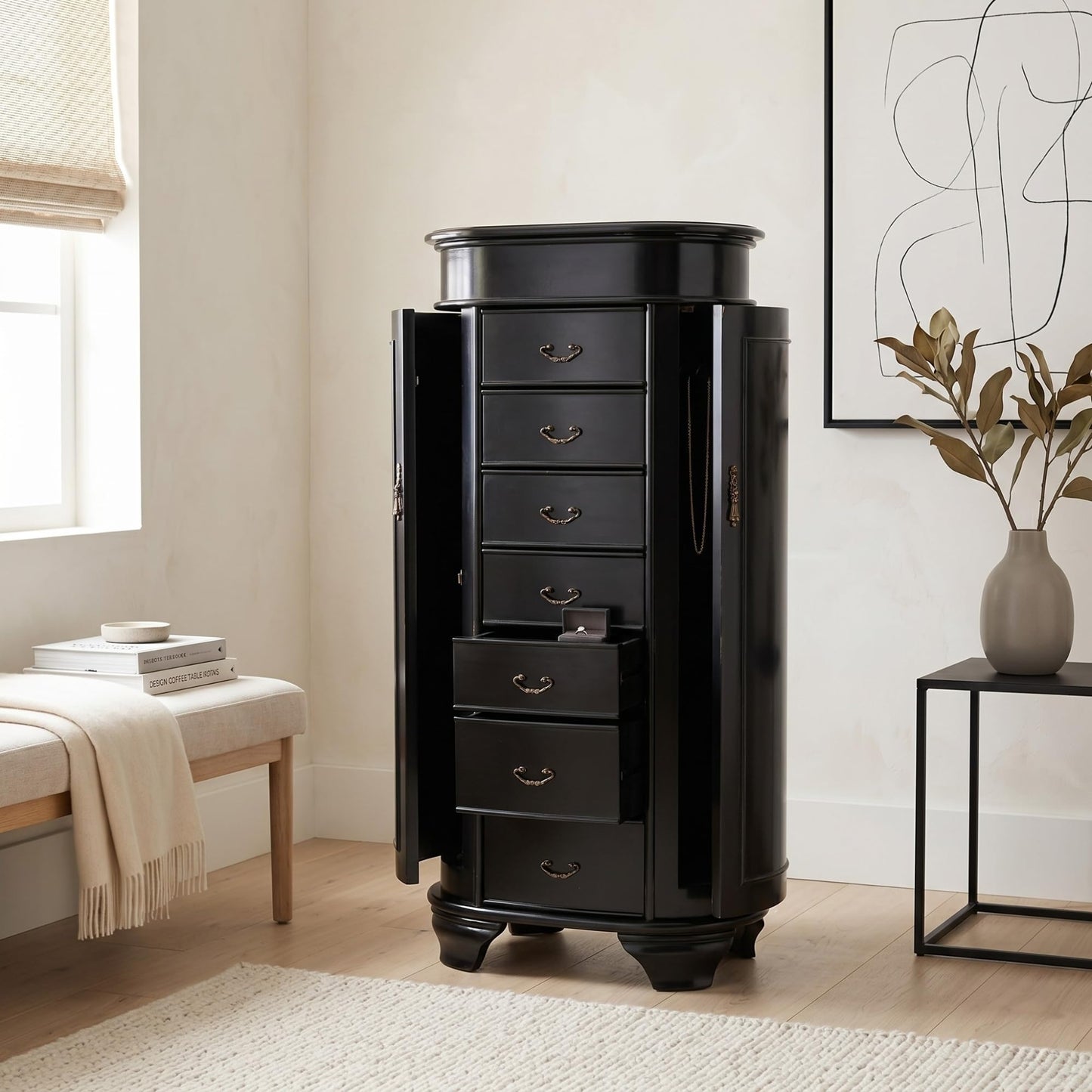 Hives and Honey Daley Oval Jewelry Armoire, Stylish Standing Organizer with Mirror, 7 Drawers, 20 Necklace Hooks, Anti-Tarnish Lining, Divided Storage, Black