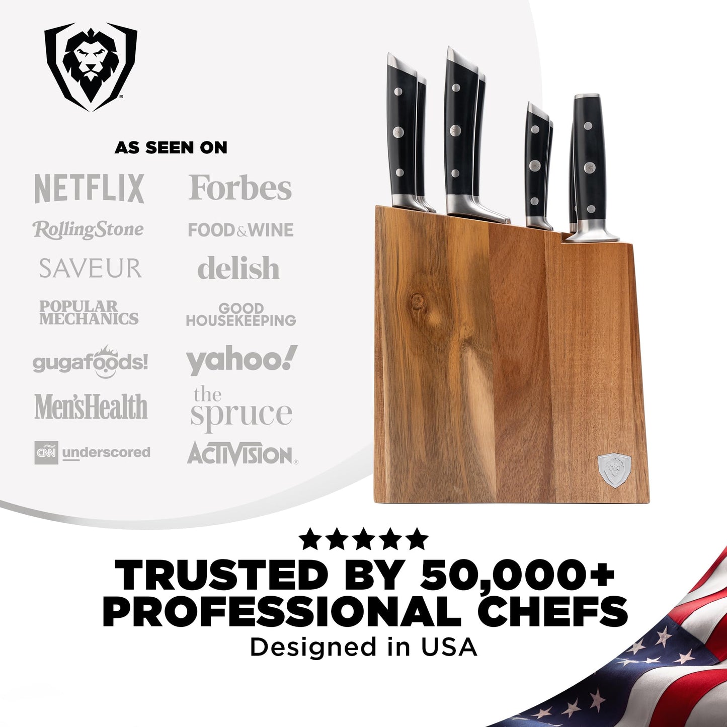 Dalstrong 8-Piece Knife Block Set — German High-Carbon Steel, Full-Tang, Hand-Polished 14–16° Edge — Gladiator Series For First Real Kitchens, New Homeowners & Apartment Cooks — Acacia Block, NSF