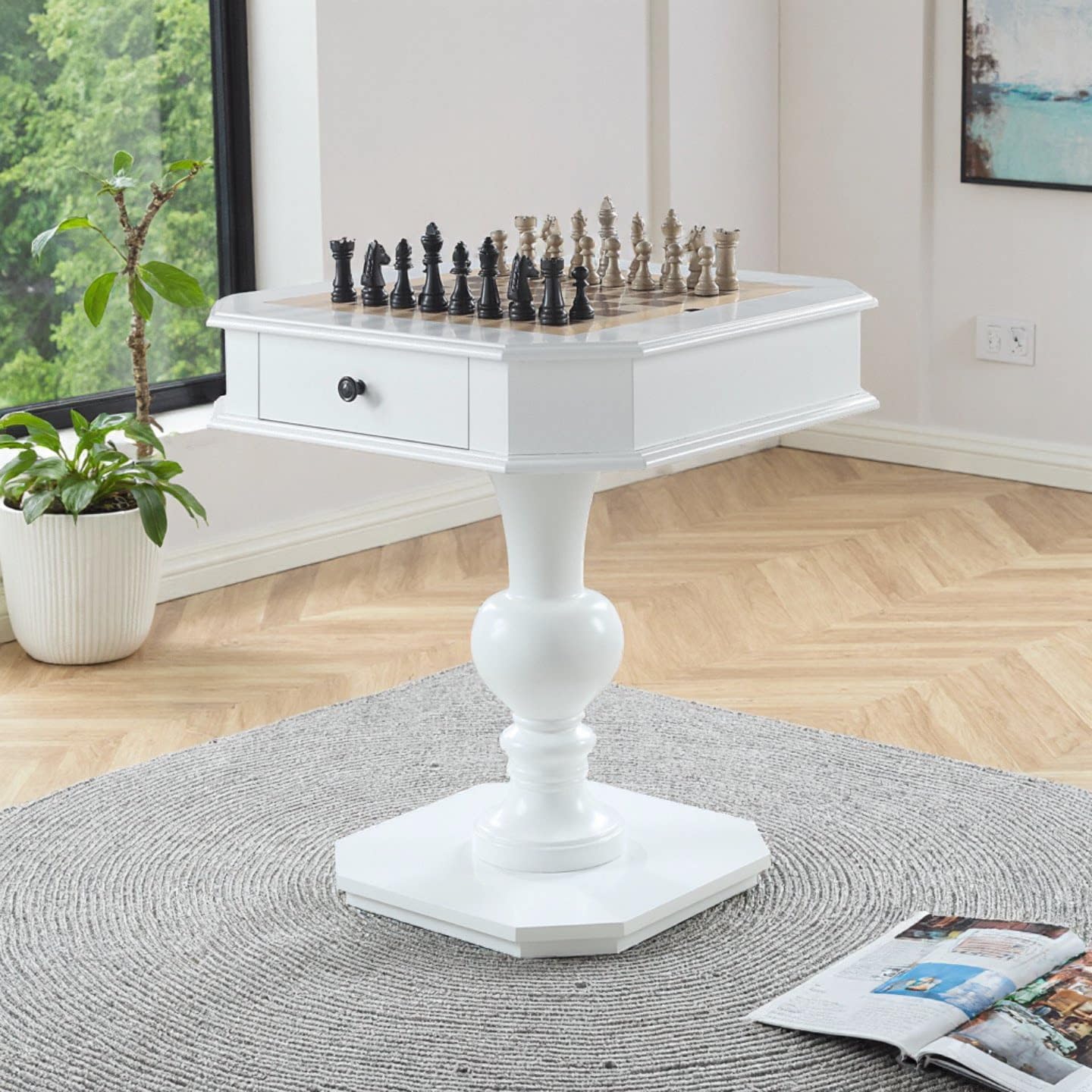 ComeWay Chess Table, Reversible Chess Checker Game Table with 2 Drawers for Family Entertainment Room, 3-in-1 Square Game Tray for Chess Checker Backgammon, White