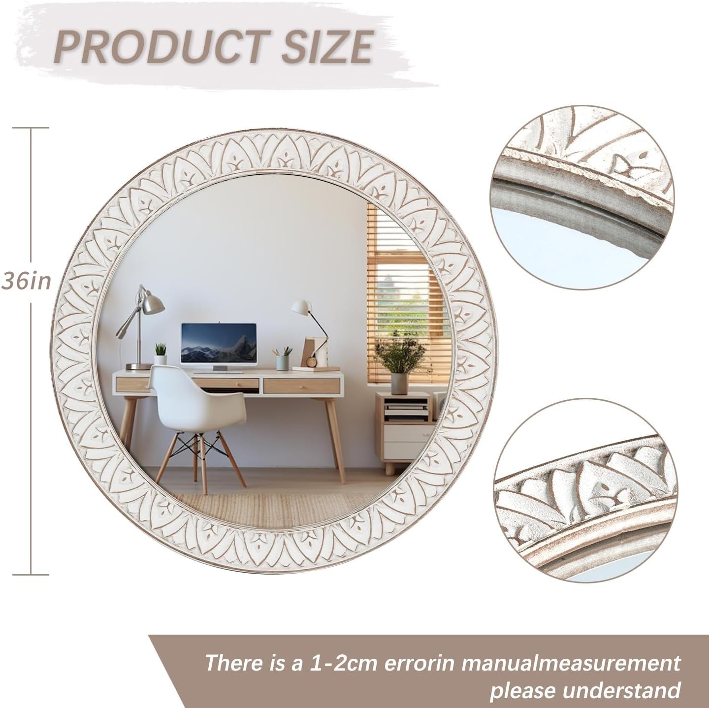 Fuxuiwy Rustic Round Wood 36 Inch Farmhouse Mirror, Wall Mount, Framed, White, Flower White, Modern & Rustic Style, Decorative Wall Mirror for Living Room, Bedroom, Entryway, Bathroom