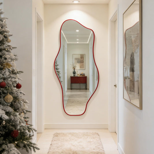 DAOYIJIAJU Irregular Mirror Full Length, 67"x31" Red Asymmetrical Tempered Glass Mirror, Large Organic Frameless Wall Mirrors for Living Room Bedroom Hallway Entryway, Horizontal or Vertical Hanging
