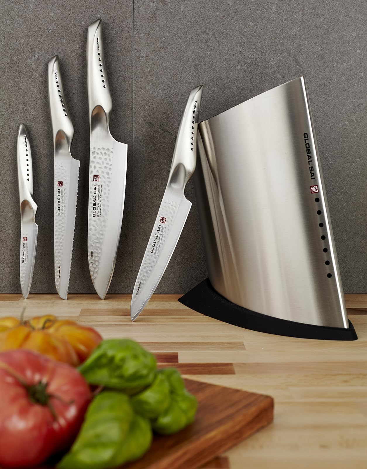 Global SAI 5 Piece Knife Block Set - Lightweight Japanese Stainless Steel, Razor Sharp Edge, Hand Hammered Blade, Thumb Rest, Made in Japan, SAI-5001