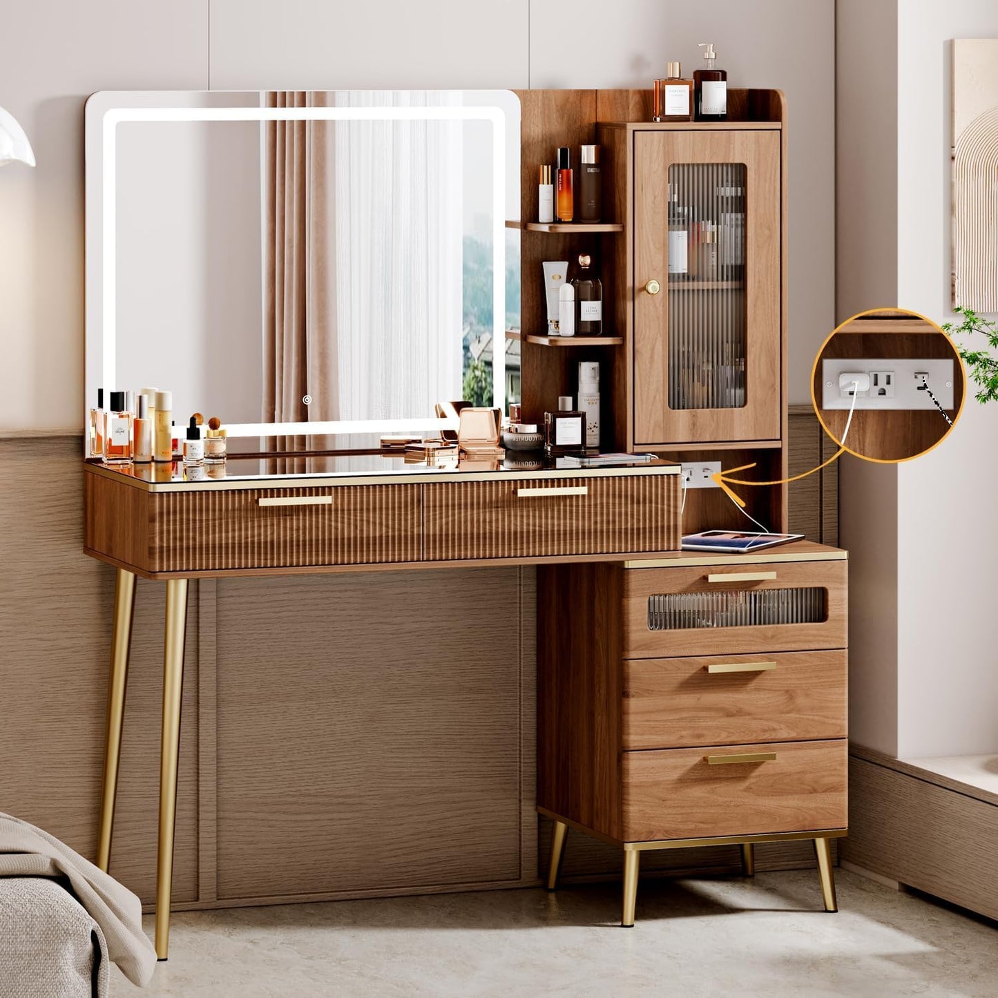 Arulvmrn Vanity Desk with 29.53" HD Lighted Mirror, 47.24" Big Modern Vanity Desk with Mirror and Lights, Makeup Vanity with 5 Drawers and Storage Shelves and Charging Station,Brown