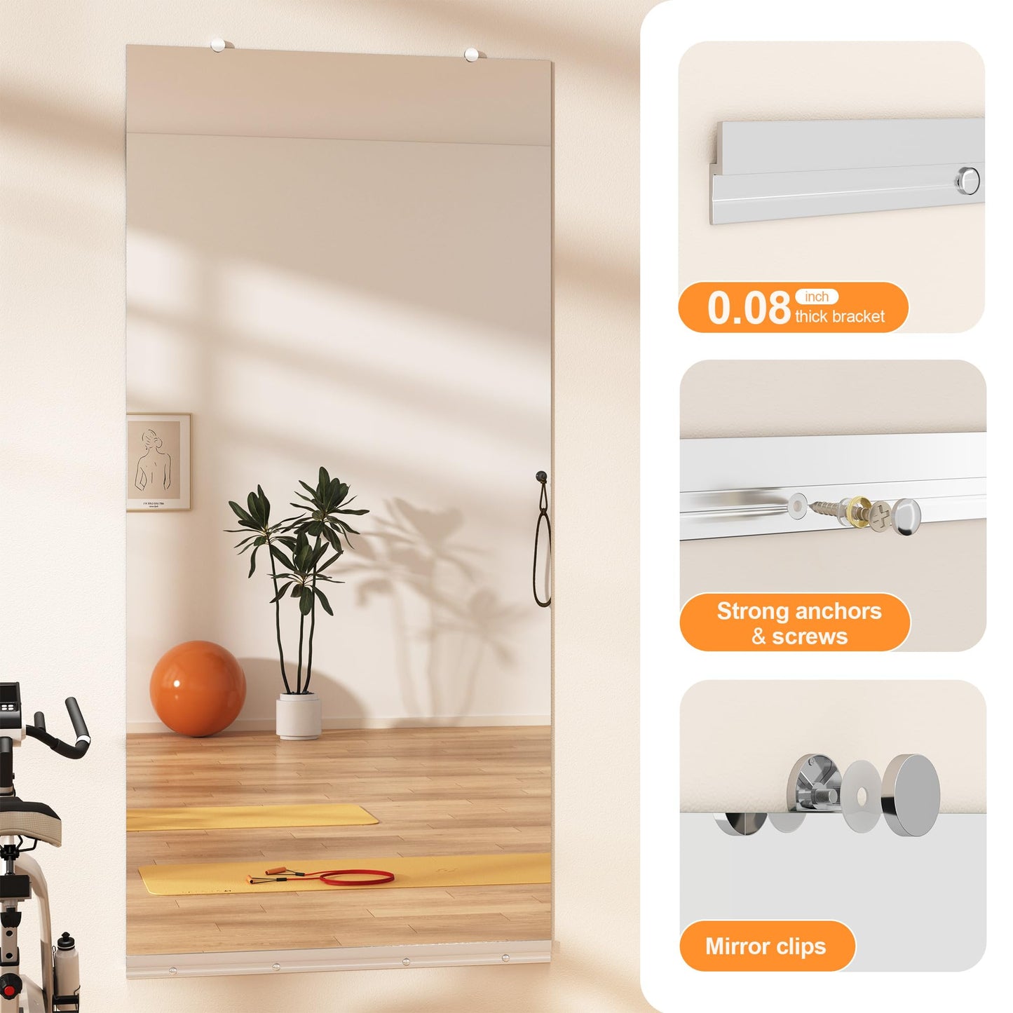 Hasipu Home Gym Mirror, 71"x32" Each, 2-Pack Frameless Wall Mounted Mirrors with Glass Clamps & 2 Aluminum Rail, Large Body Mirror for Home Gym, Yoga Studio, Bedroom, Silver Tempered Glass