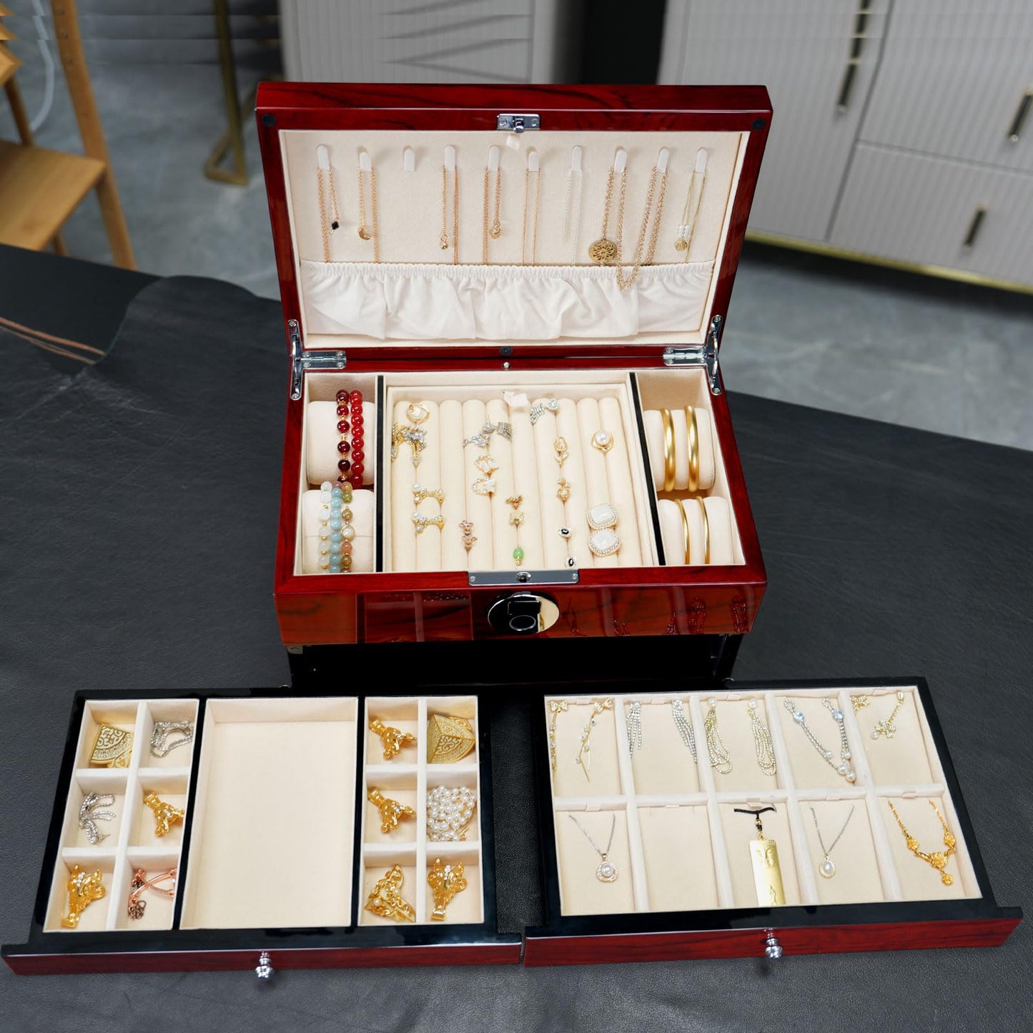 SYENS Wood Jewelry Box for Women, 3-layers Large Jewelry Storage Box&Organizer Fingerprint Lock, Drawers Full Locking, Mother Gifts (3L-RS)
