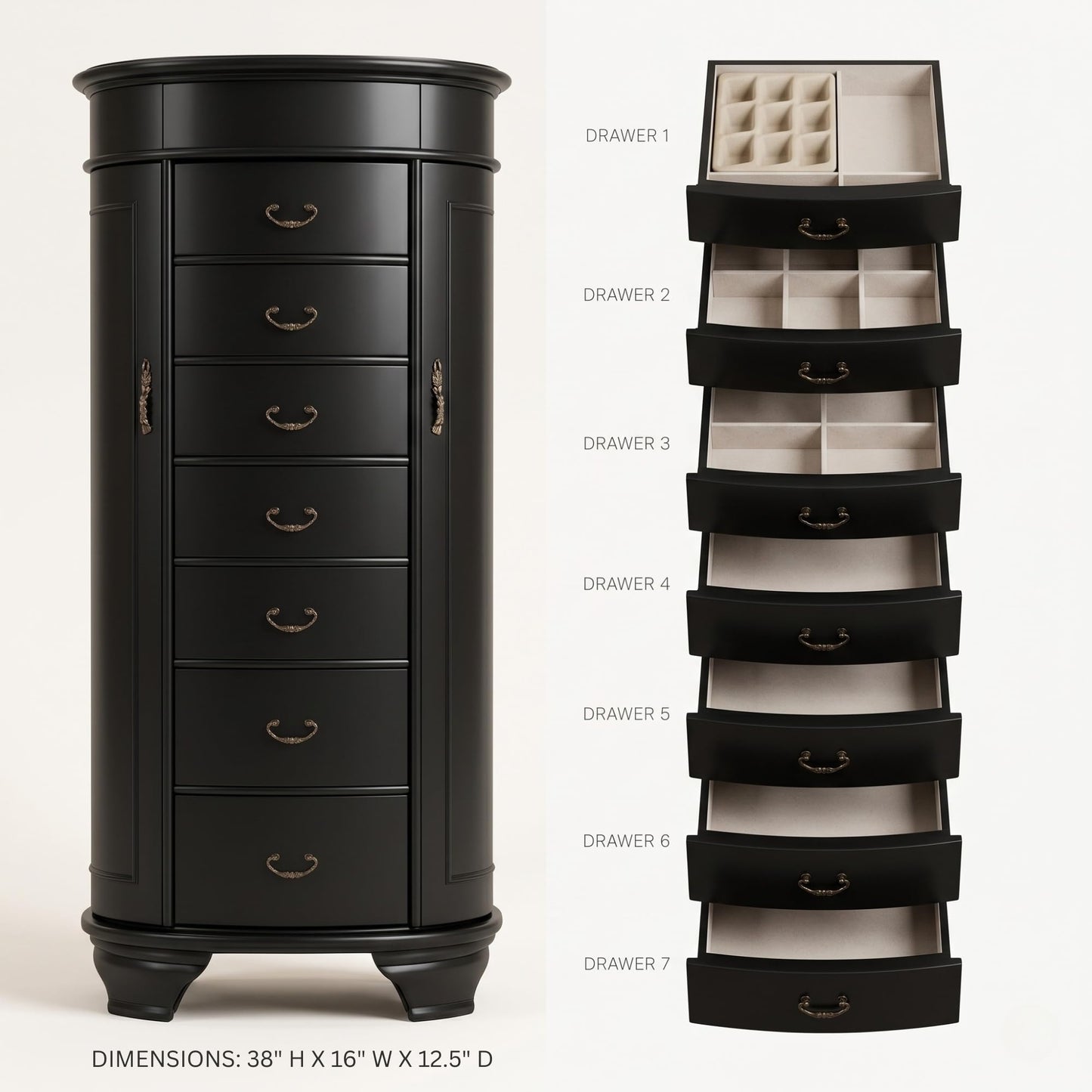 Hives and Honey Daley Oval Jewelry Armoire, Stylish Standing Organizer with Mirror, 7 Drawers, 20 Necklace Hooks, Anti-Tarnish Lining, Divided Storage, Black