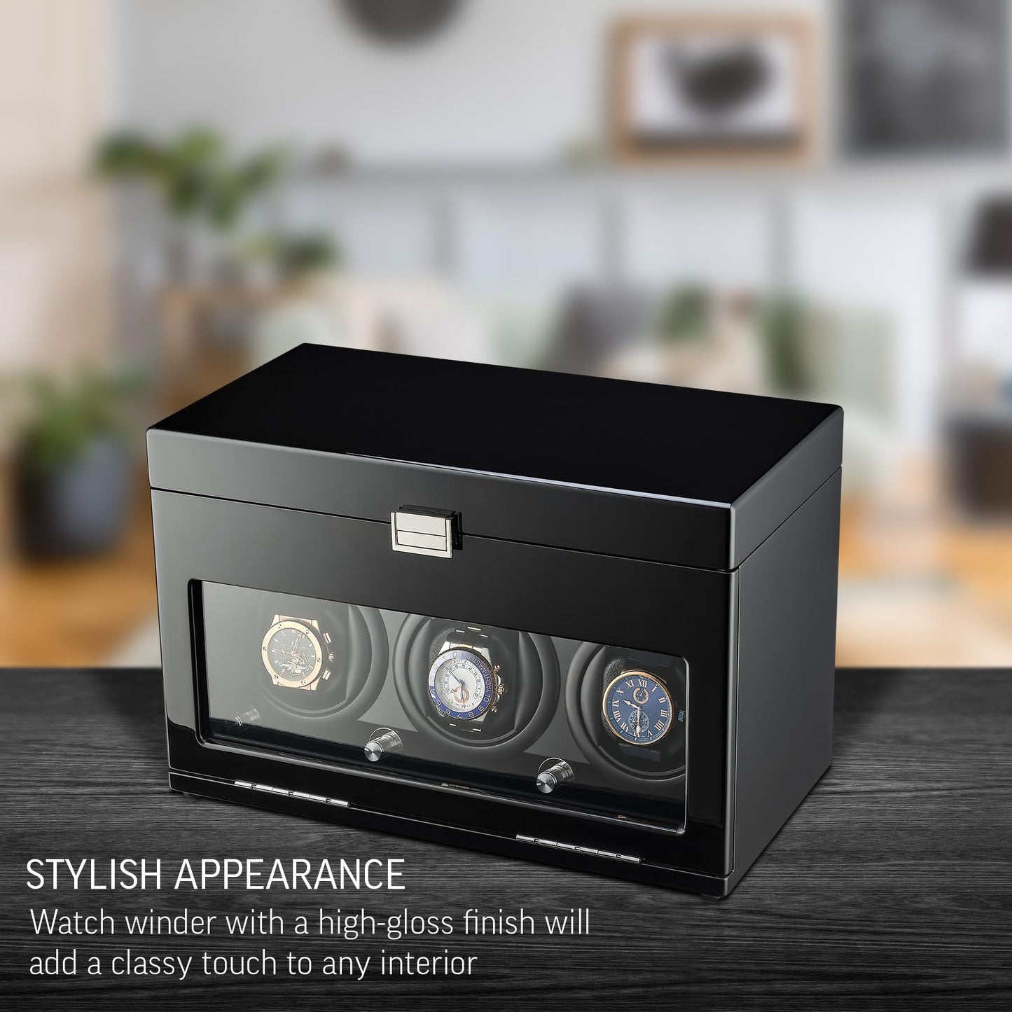 Watch Winder and Storage Box for Winding 3 Automatic Watches and 12 Watch Storage Space (Black+ Black)