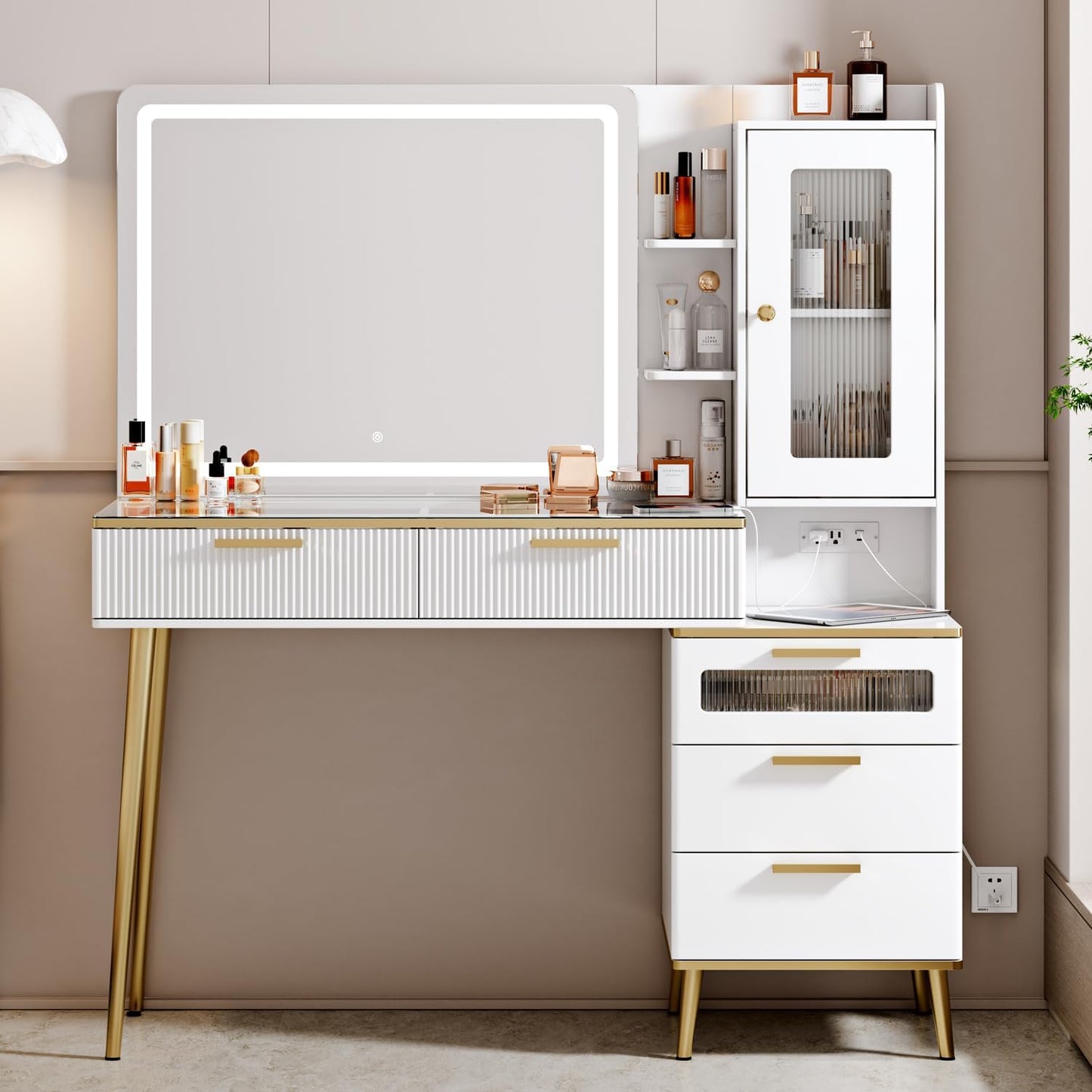 Arulvmrn Vanity Desk with 29.53" HD Lighted Mirror, 47.24" Big Modern Vanity Desk with Mirror and Lights, Makeup Vanity with 5 Drawers and Storage Shelves and Charging Station, White