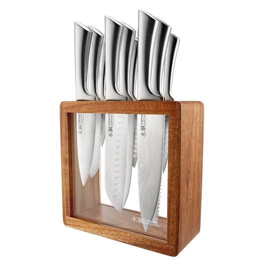Cuisine::pro Damashiro Knife Block (Hiryu, 10-Piece Set) - Premium Japanese Steel Knife Set with Acacia Wood Block & Tempered Glass Window - Damascus-Inspired Blade