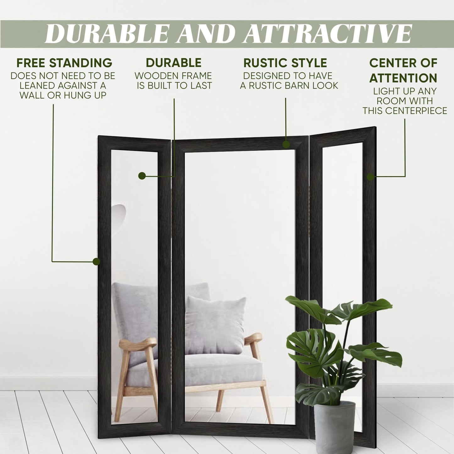 Houseables Trifold Mirror Full Length, 3 Way Mirror, Floor Length, Three Way Folding, Standing, Full Body, Wood Framed, 3 Sided for Bedroom, Makeup, Oversized, Foldable, Black, 71 x 32 to 65 Inch