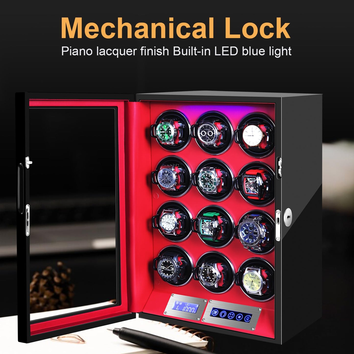 SNEOLTJN Watch Winder for 12 Slots Automatic Watches, Ultra-Quiet Japanese Motors, Built-in LED Illumination and LCD Touchscreen Control