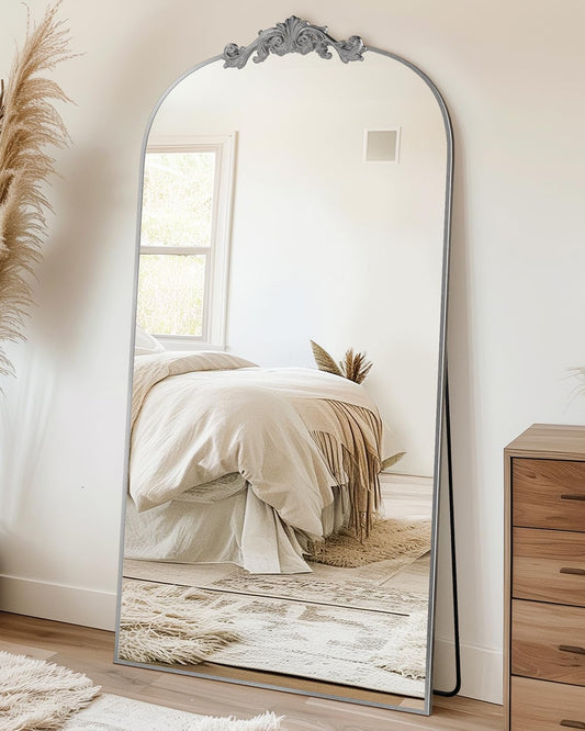 Furnbar Vintage Full Length Mirror,78"x38" Arched Antique Floor Mirror with Carved Metal Frame,Large Standing Wall Mounted or Leaning Mirror for Bedroom Living Room Entryway,Sliver