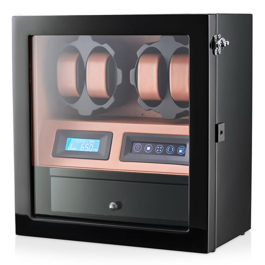 4 Watch Winder with 5 Watch Storage Space, LCD Display, Touch Control and Interior Light (Black + Brown)