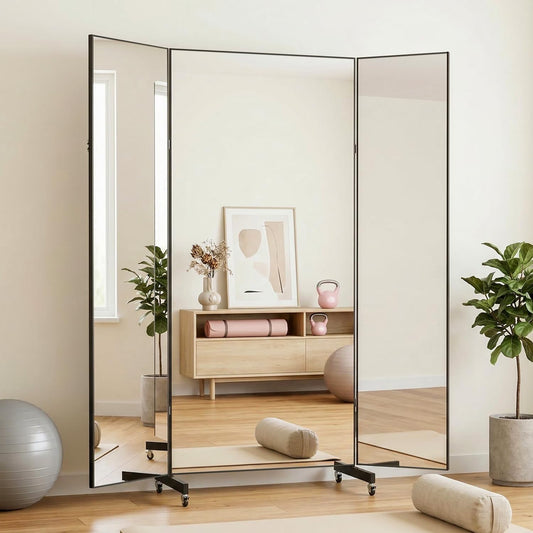 HDmuxel Full Length Mirror with 360° Wheels, 63" x 71" Foldable Floor Mirror with Nano-Tech Shatterproof Film - Ultra-Large Mobile Mirror for Home Gym, Dance Studio & Commercial Spaces (Black)