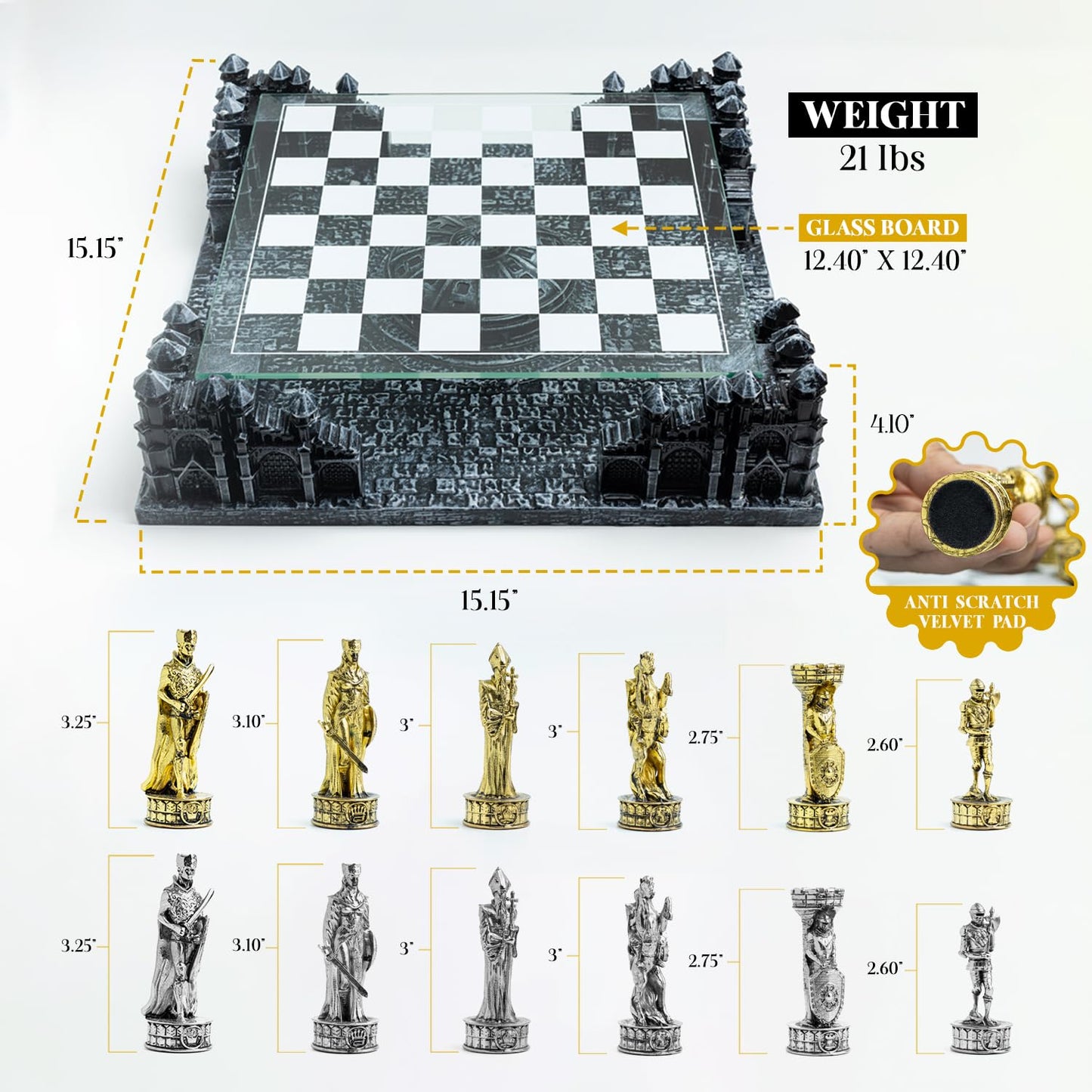 BB Chess Sets - Renaissance Knight 3D Chess Set – Unique Chess Board Set - Durable Gold and Silver Metal Pieces - Tempered Glass Board and Polyresin Base
