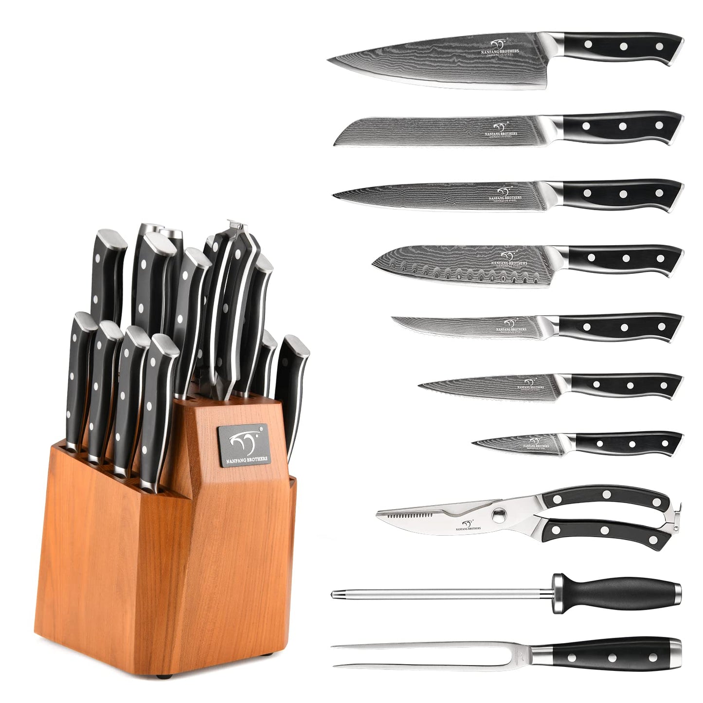 Knife Block Set, 18-Piece Damascus Kitchen Knife Sets with VG10 Core Blades, 67-Layer Damascus Steel, ABS Ergonomic Handle, Compact Knife Block Design, Suitable for Placement in Small Spaces