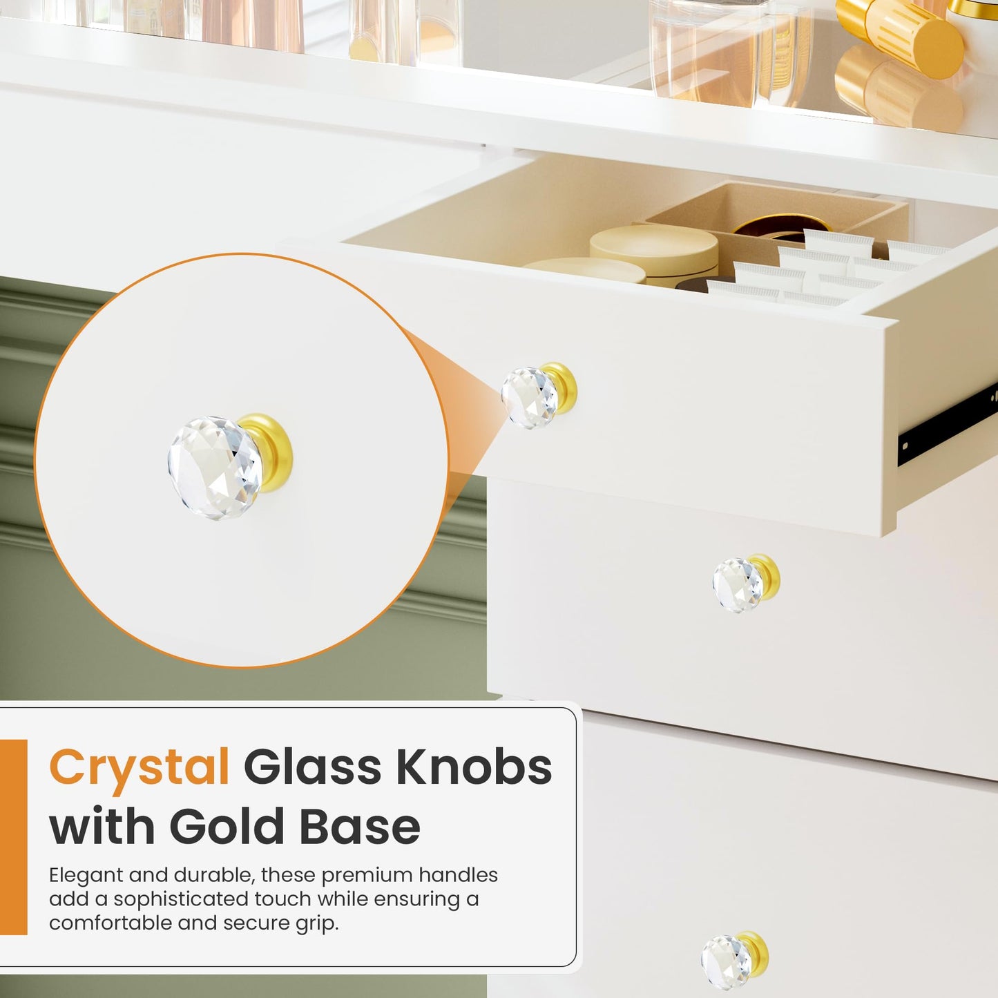 Fkhouse 11 Drawers Glass Top Vanity Desk with Chair, Crystal Handles Makeup Vanity with Mirror and Lights, Dressing Table with Power Outlet, Adjustable Lighting Modes, White