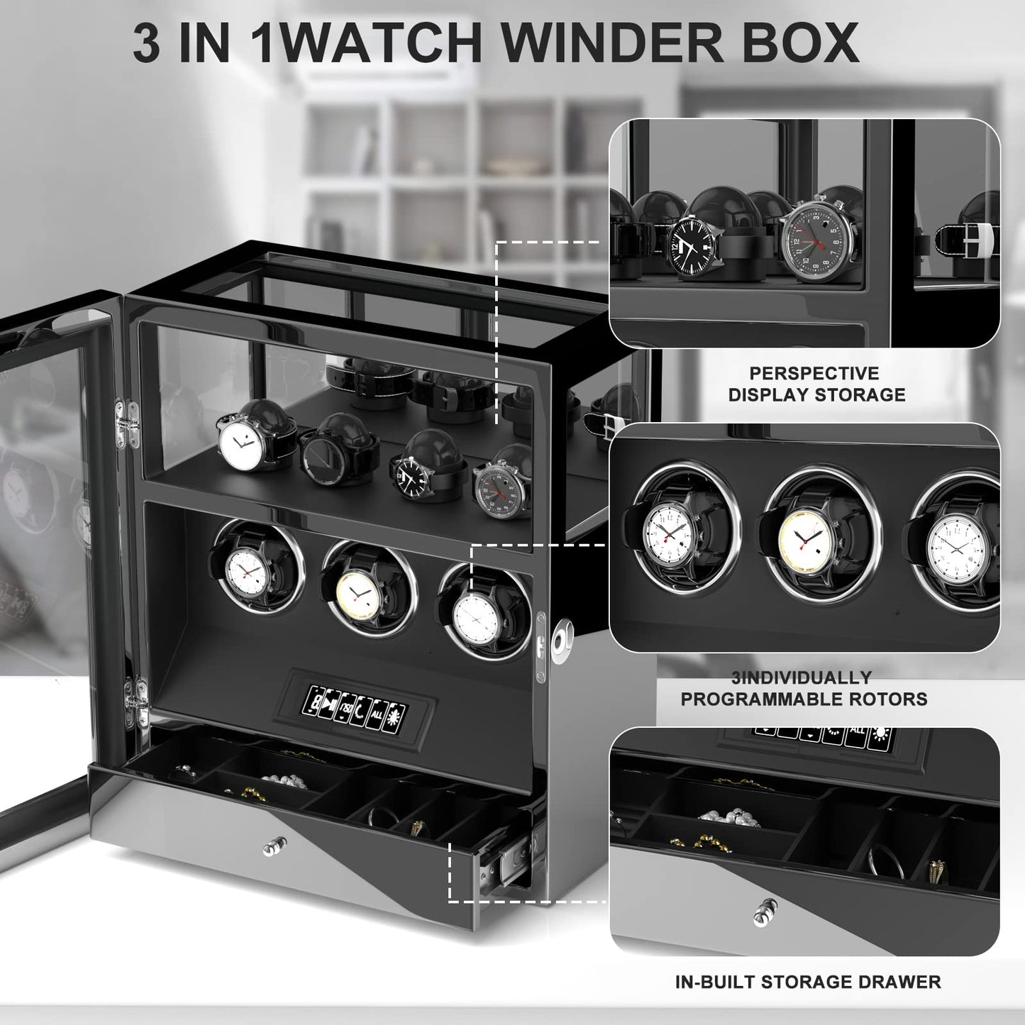 DUKWIN Watch Winder, Fingerprint Lock Automatic Watch Winder for 3 Watches with 4 Holders,300-2300 TPD,Digital Display, Remote Control,Jewelry Storage and Adjustable Watch Pillow and LED Light,Black