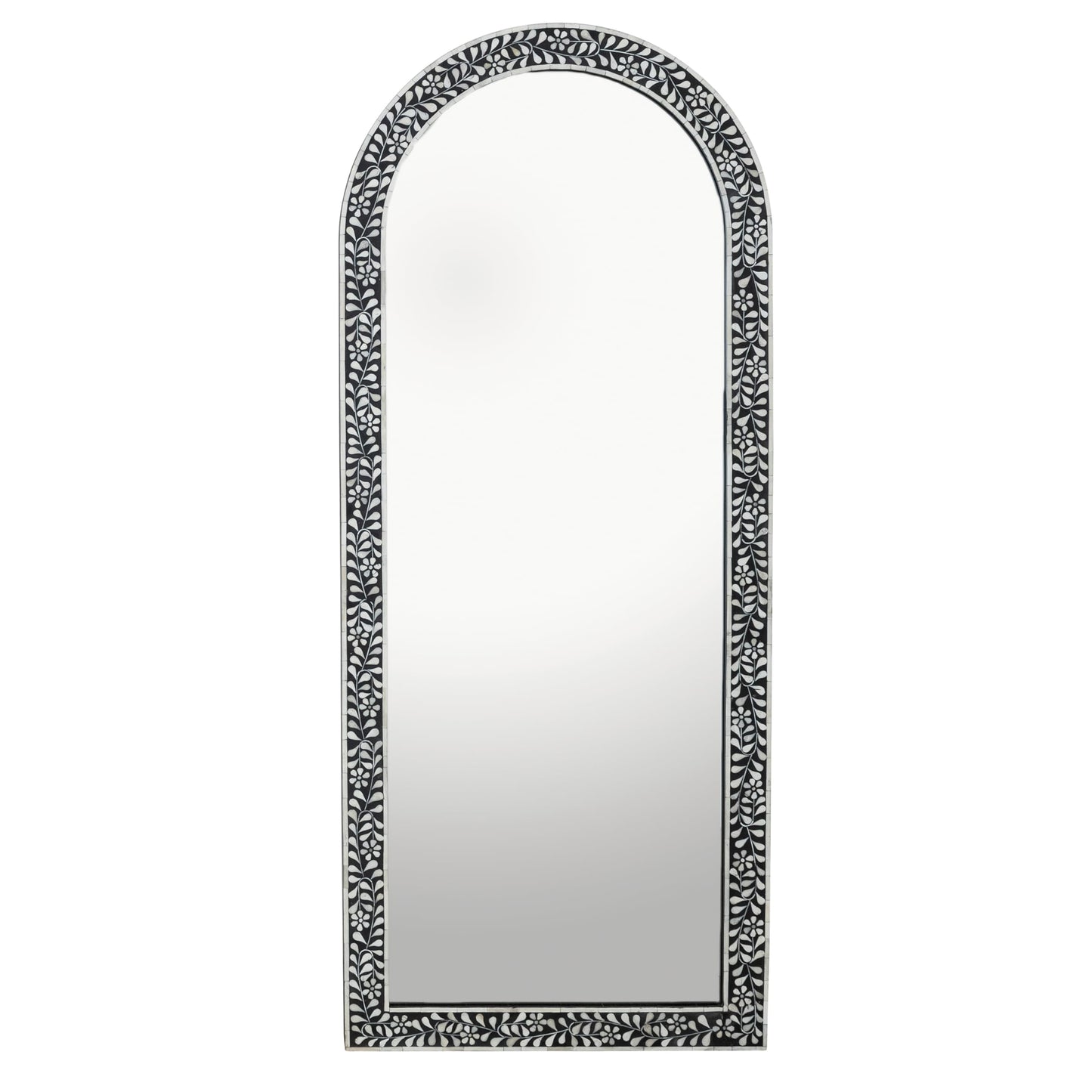 Creative Co-Op Mango Wood Arched Mirror with Bone Inlay Flowers and Leaves, Black and Ivory Finish