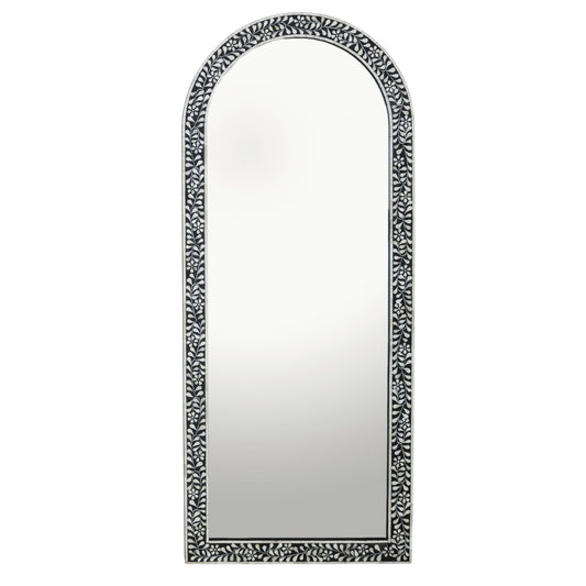 Creative Co-Op Mango Wood Arched Mirror with Bone Inlay Flowers and Leaves, Black and Ivory Finish