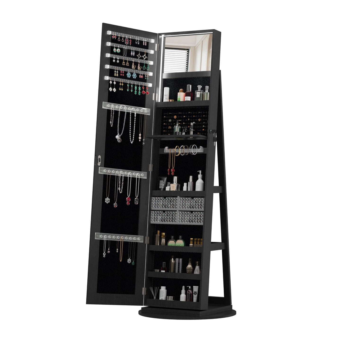 KEIKI 360°Swivel Jewelry Armoire with Full Length Mirror, 62.3" Rotating Standing Jewelry Armoire Organizer, Lockable Storage Cabinet, Interior Lighted Mirror, Black