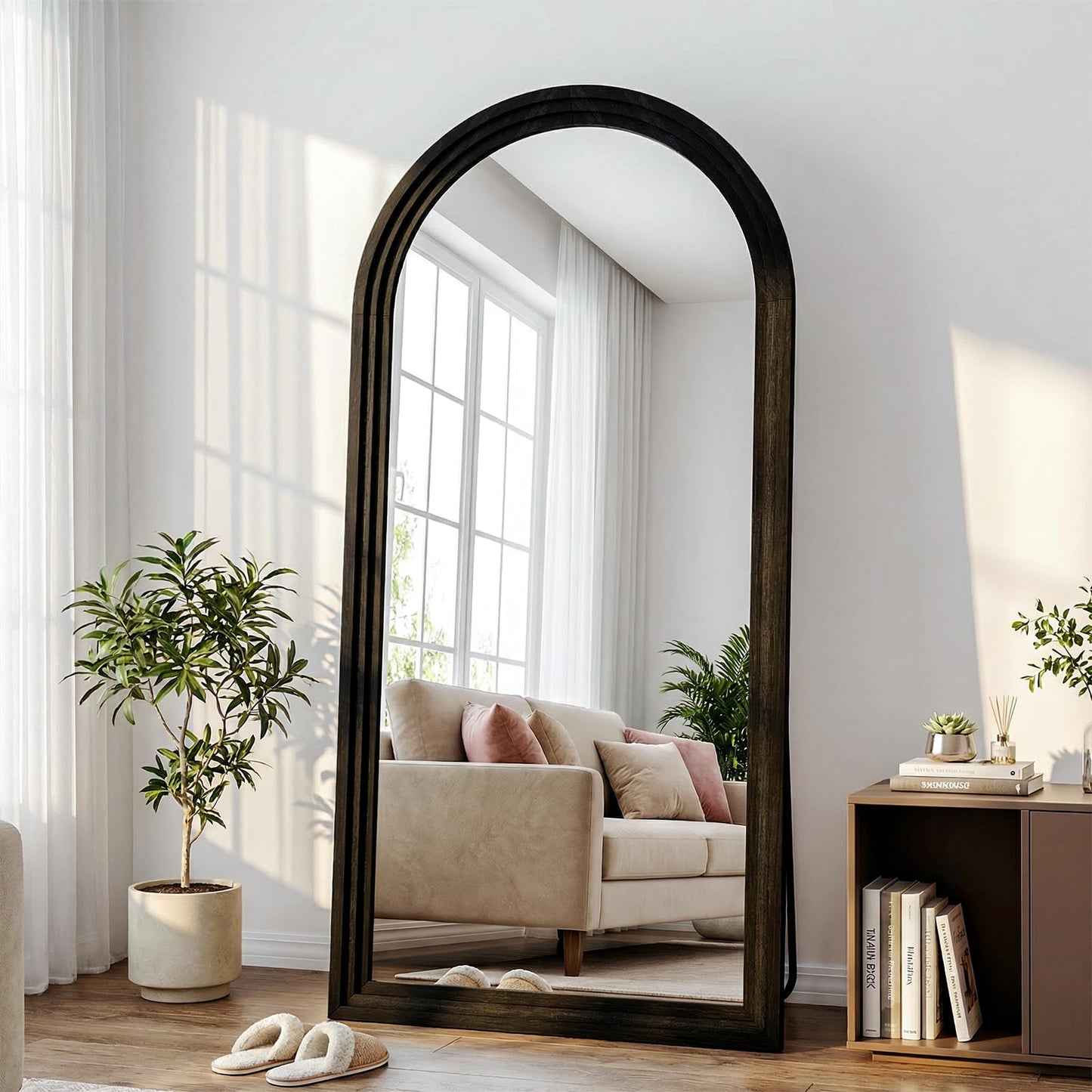 WISSMIELS 30"x71" Full Length Mirror Solid Wood Frame, Arched Floor Mirror Full Length with Stand, Room Decor Big Full Body Mirror with HD Tempered Glass for Bedroom, Living Room, Black