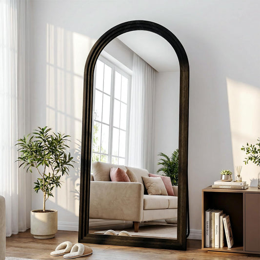 WISSMIELS 30"x71" Full Length Mirror Solid Wood Frame, Arched Floor Mirror Full Length with Stand, Room Decor Big Full Body Mirror with HD Tempered Glass for Bedroom, Living Room, Black