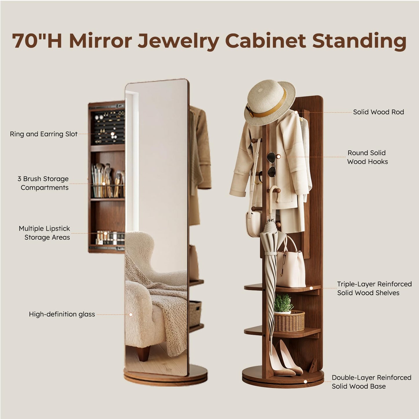 Mansfieler 69" H×20" W Solid Wood Mirror Jewelry Cabinet,360°Swivel Jewelry Organizer,Jewelry Armoire Cabinet Standing,Full Length Mirror with Storage&Coat Rack,Walnut
