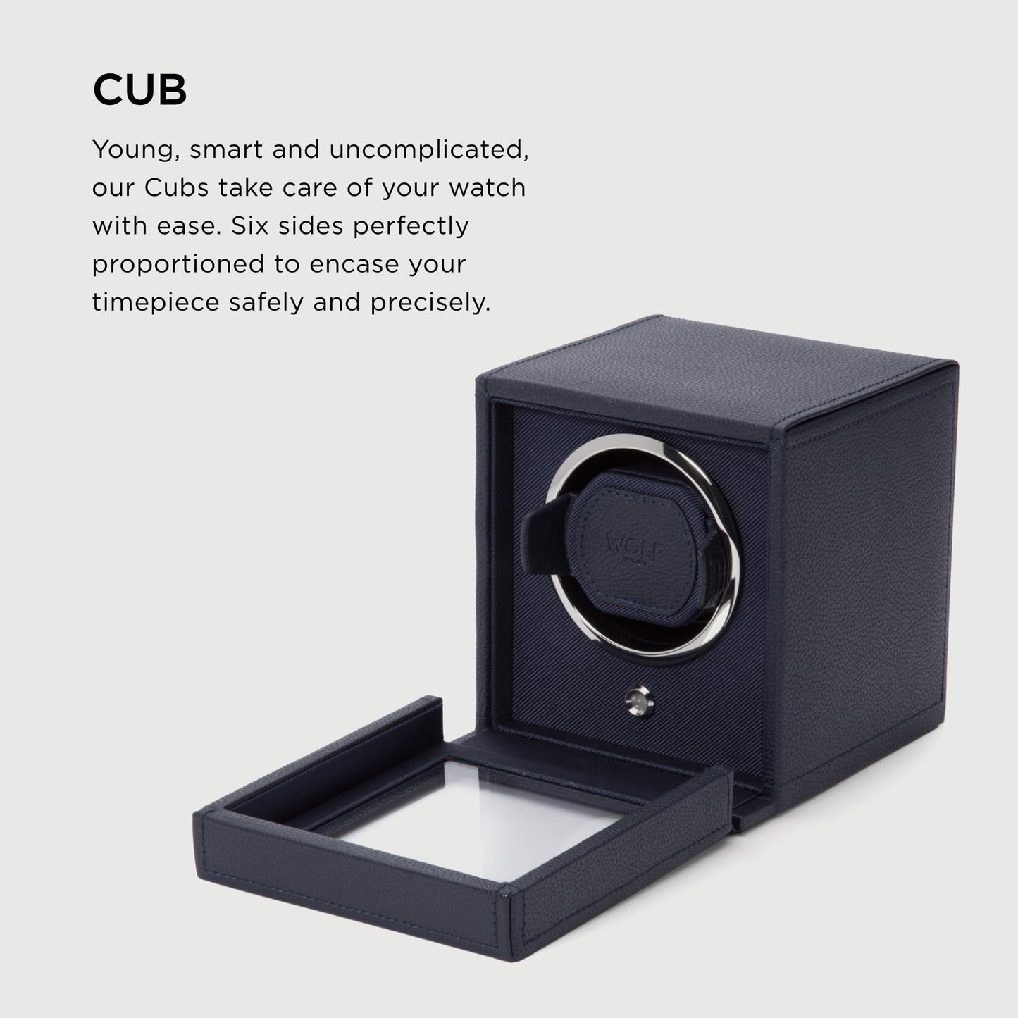 Wolf Cub Single Watch Winder with Glass Cover, Navy - Secure Fit with Patented Lock-in Dynamic Cuff - Accommodates All Wrist Sizes - Vegan Leather - Includes Universal Adapter
