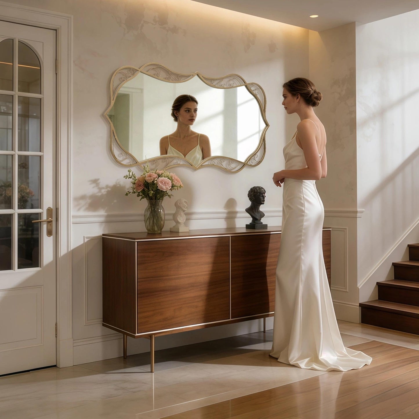 Besdomus Large Gold Bathroom Mirror: 30"x60" Scalloped Modern Long Full Length Vanity Wall Mirror - Farmhouse Decorative Vertical or Horizontal Hanging for Living Room/Entryway/Bathroom/Bedroom