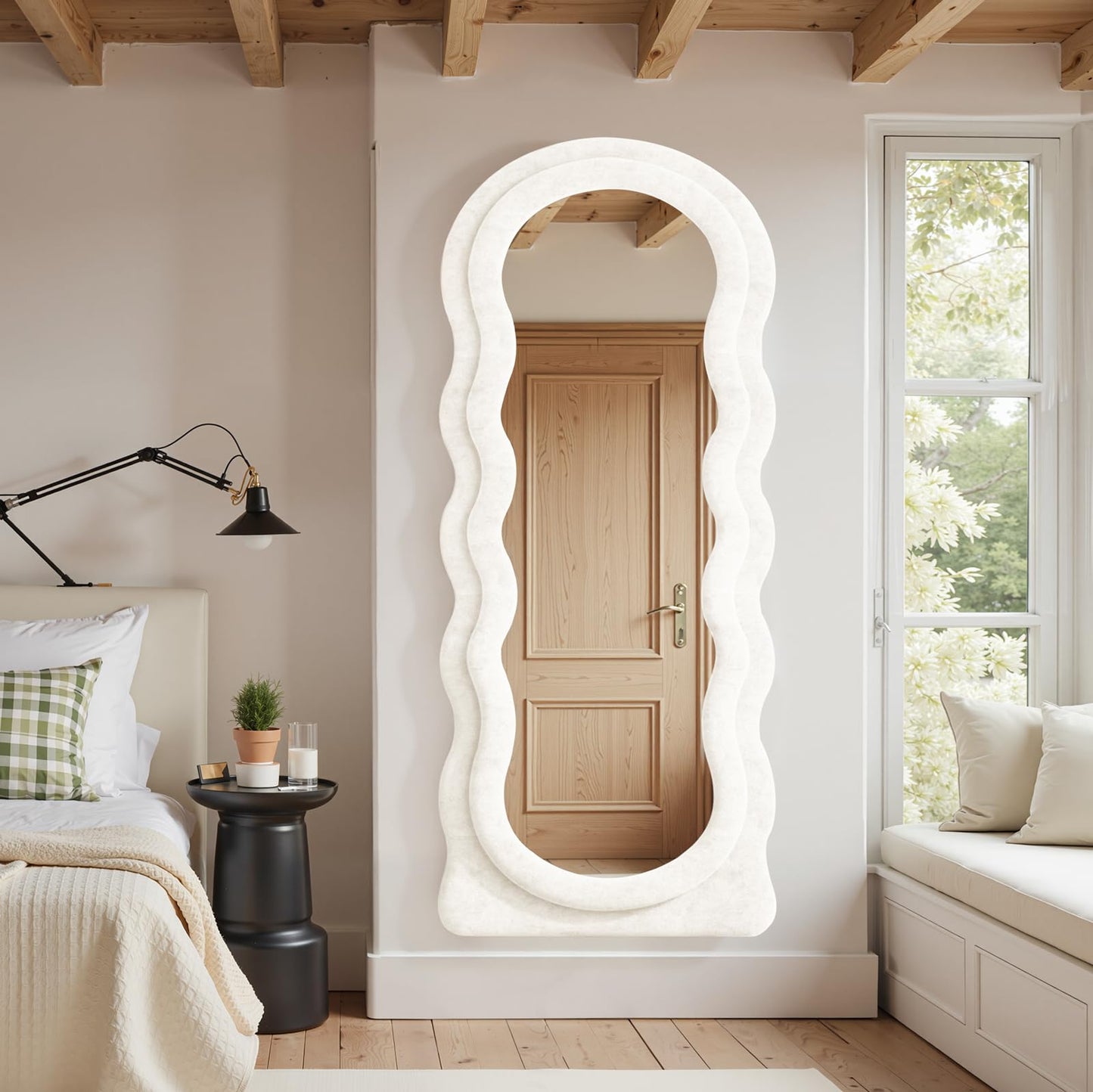 Anpark Full Length Mirror 71"x30" Arched Wavy Full Body Wall Mounted Floor Mirror Ivory Flannel Frame Leaning Hanging Wall Mirror for Bedroom Entrance