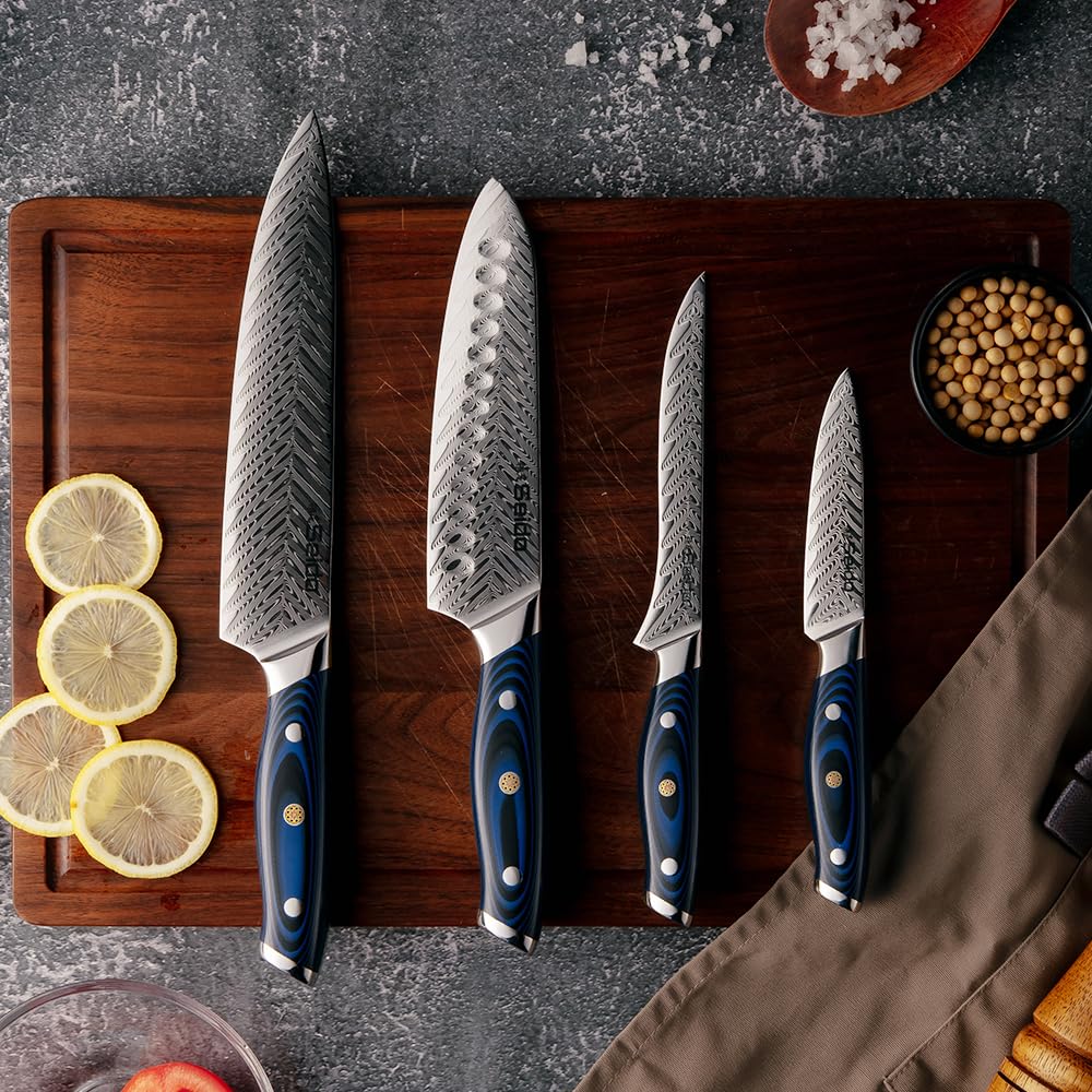 Seido Knives 4-Piece Kanpeki VG10 Damascus Steel Knife Set - Professional Chef Knife Set with Blue Handle - Includes Chef Knife