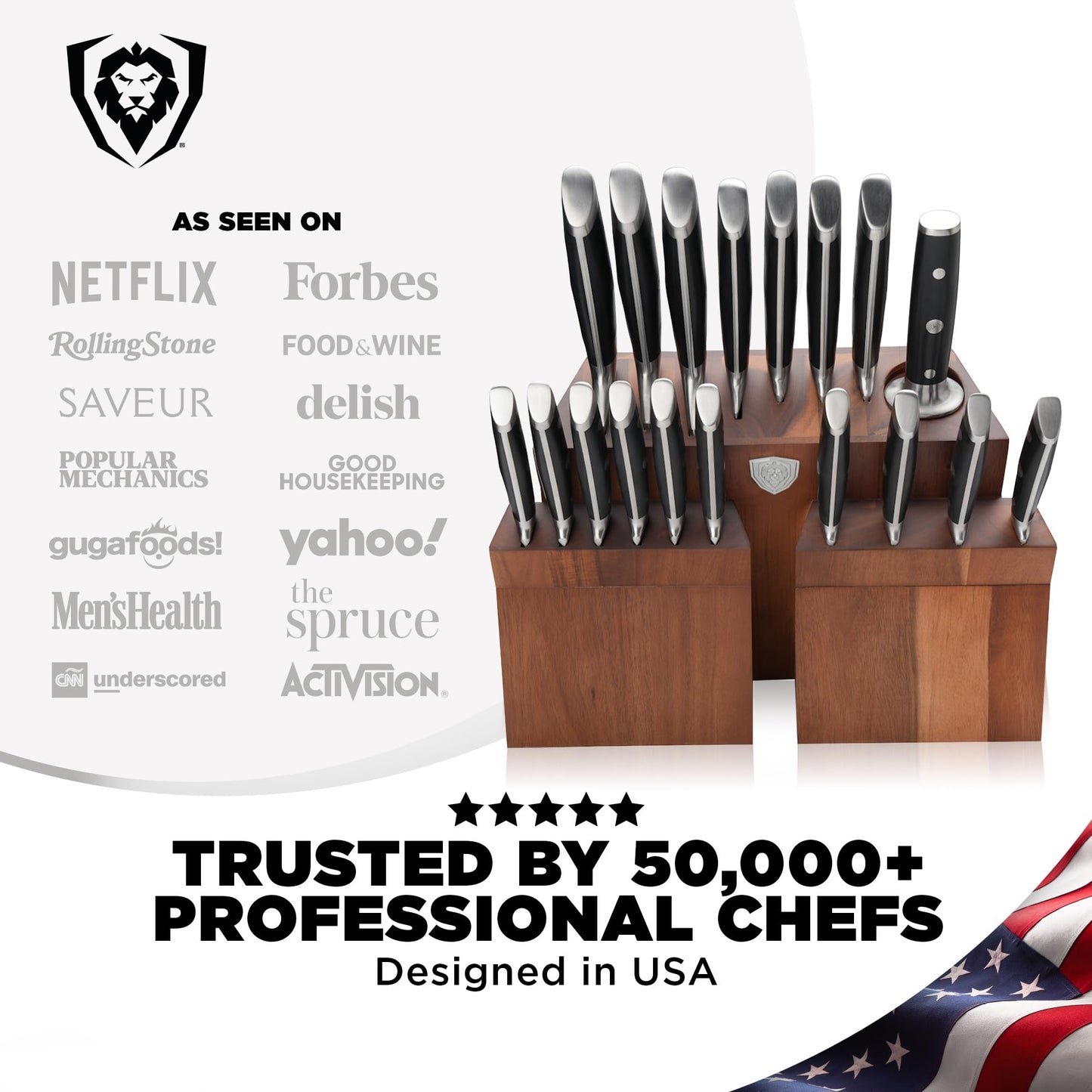 Dalstrong 18-Piece Gladiator Colossal Knife Block Set — German High-Carbon Steel, Full-Tang, Hand-Sharpened — For Home Chefs, Wedding Registries & Serious Kitchens — Acacia Wood Block, NSF Certified