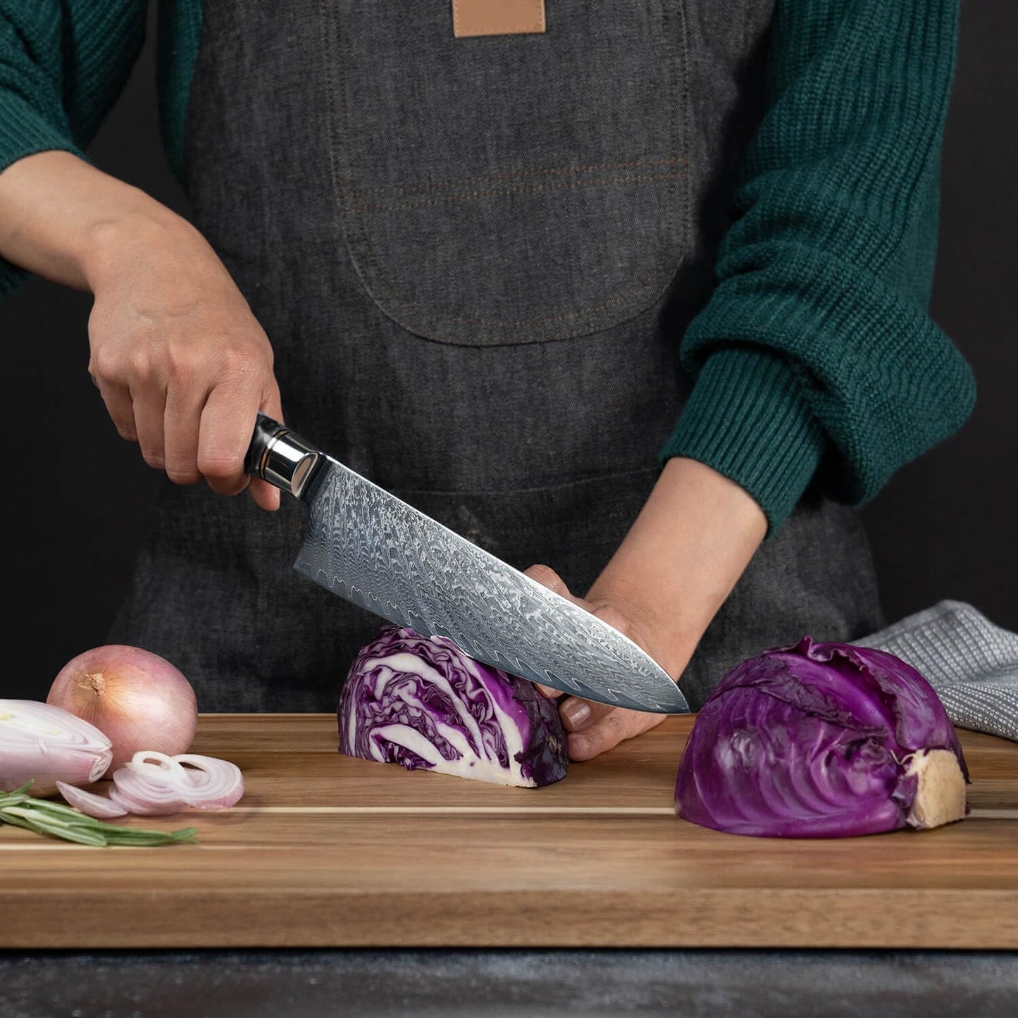 SENKEN 7-Piece Damascus Kitchen Knife Set - Tsunami Collection - 67-Layer Japanese VG10 Steel - Chef's Knife, Cleaver, Santoku, Bread, Boning, & More (Black Resin Blend)