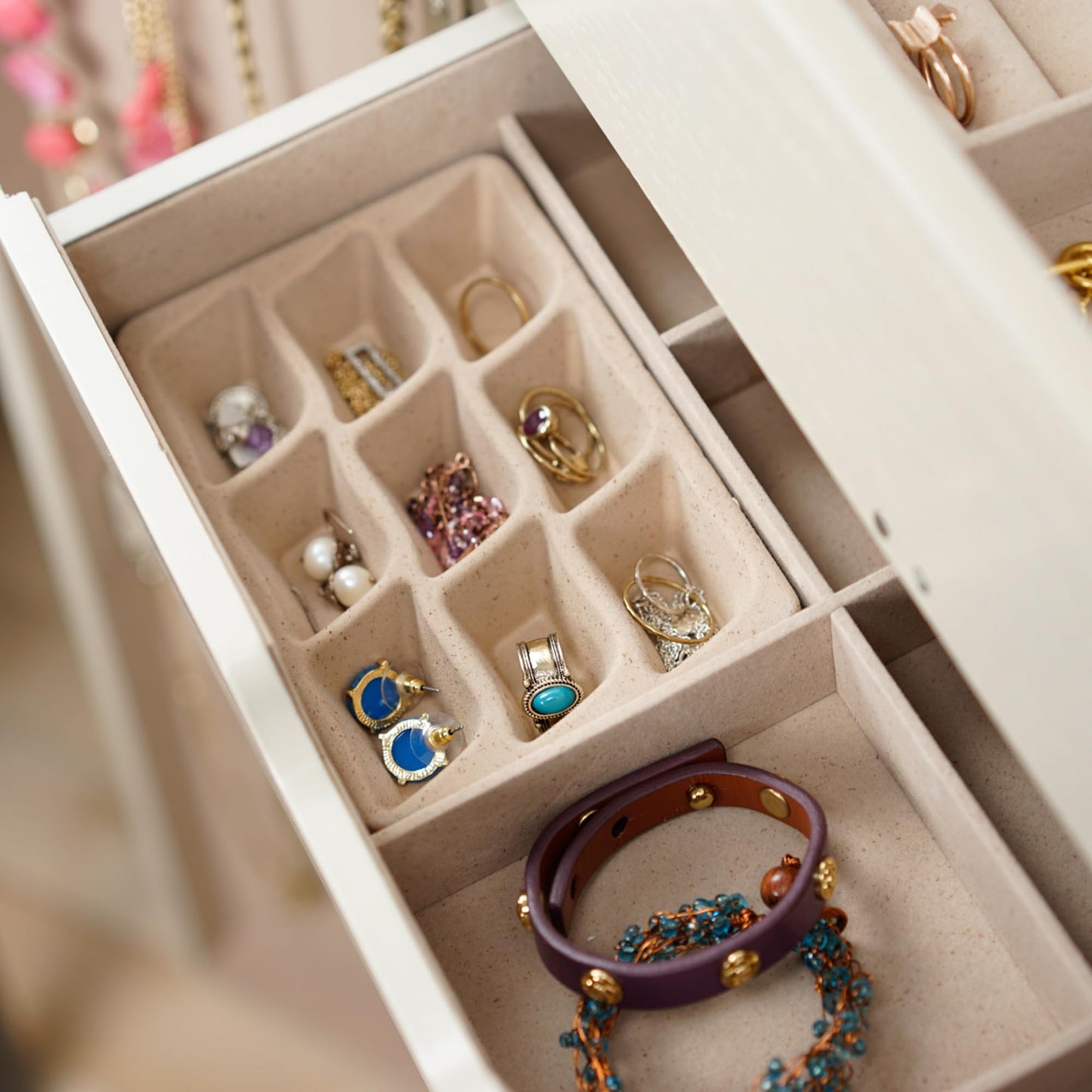 Hives & Honey Meadow Standing Jewelry Armoire Cabinet, Jewelry Storage Organizer with Top Flip Mirror, 2 Doors, 7 Drawers, Jewelry Chest, Jewelry Box for Necklace, Earring, Bracelet, Taupe