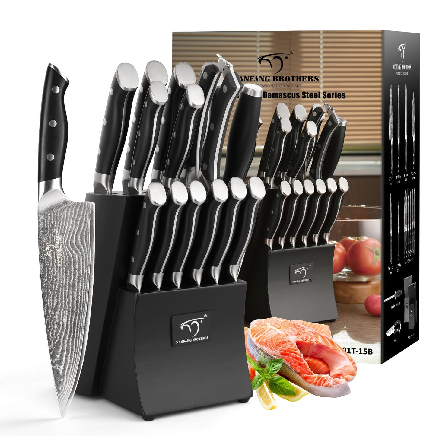 Damascus Kitchen Knife Set, 15-Piece Kitchen Knife Set with Block, ABS Ergonomic Handle for Chef Knife Set and Serrated Steak Knives Knife Sharpener and Kitchen Shears, 14 Slots Wooden Knife Block