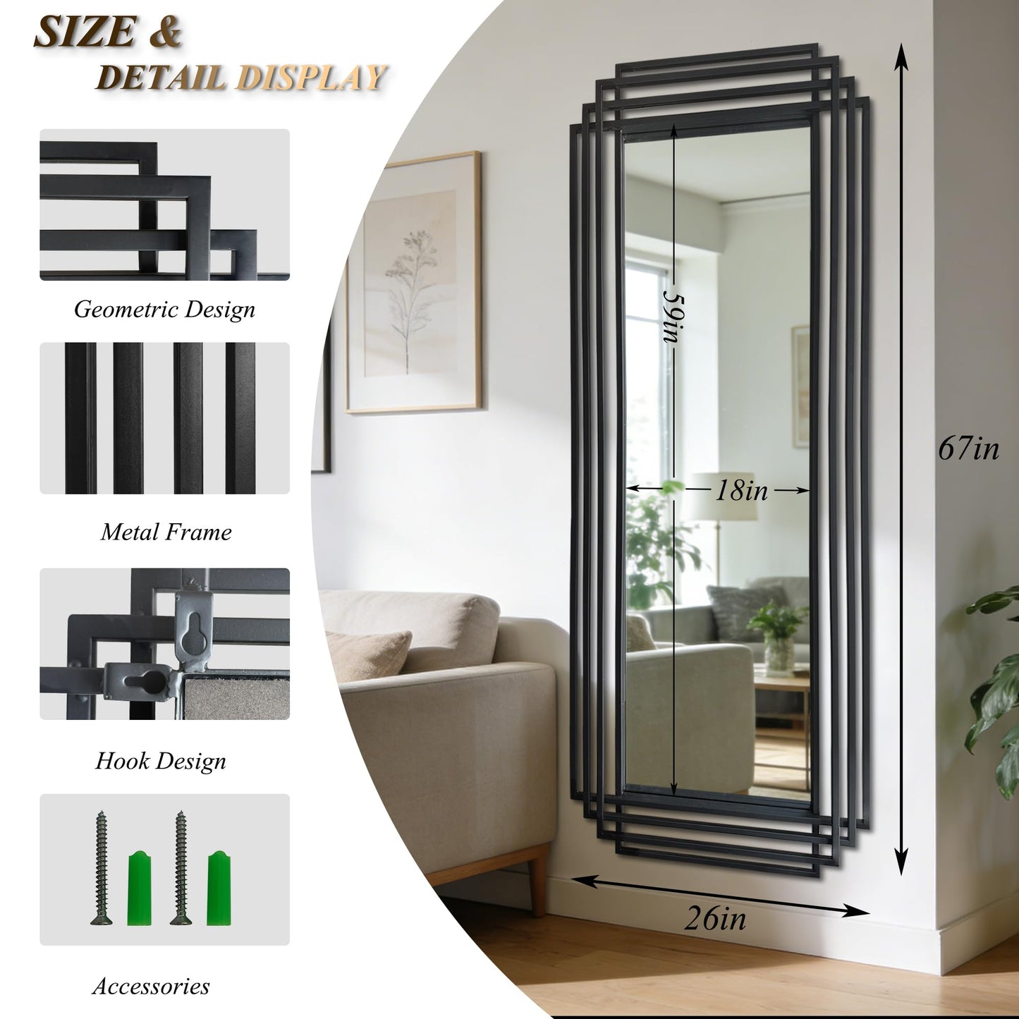 DAOYIJIAJU Geometric Full Length Mirror, 67"x26" Large Rectangle Aesthetic Mirror with Metal Frame, Art Deco Wall Mirrors for Living Room Entryway Hallway Cloakroom, Horizontal or Vertical Hanging