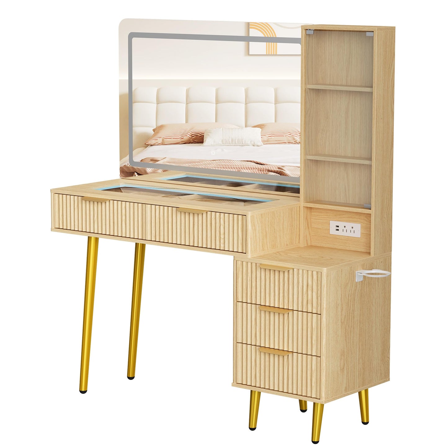 GarveeHome Fluted Makeup Vanity Desk with Lights, 48 in Big Vanity with Glass Top and Large 36" HD Lighted Mirror, Modern Dressing Table with 5 Drawers 3-Tier Shelves Set w/Charging Station (Oak)