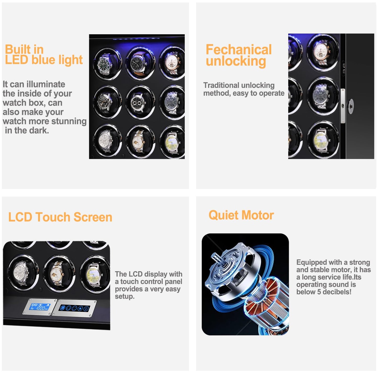 SNEOLTJN Watch Winder for 9 Slots Automatic Watches,Ultra-Quiet Japanese Motors, Built-in LED Illumination and LCD Touchscreen Control
