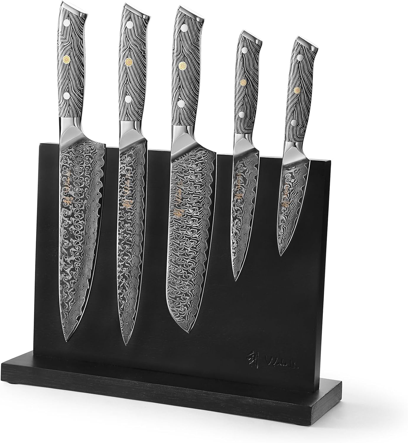 Wakoli Noir Blanc Damascus Knife Block Set – 5-Piece Professional Chef Knife Collection with Magnetic Block – Kitchen Knives made of 67-Layer Damascus Steel Blades & Ergonomic G10 Handles in Gift Box