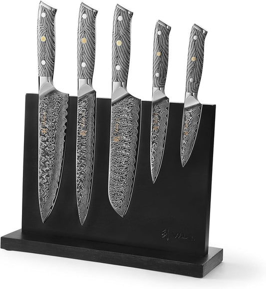 Wakoli Noir Blanc Damascus Knife Block Set – 5-Piece Professional Chef Knife Collection with Magnetic Block – Kitchen Knives made of 67-Layer Damascus Steel Blades & Ergonomic G10 Handles in Gift Box