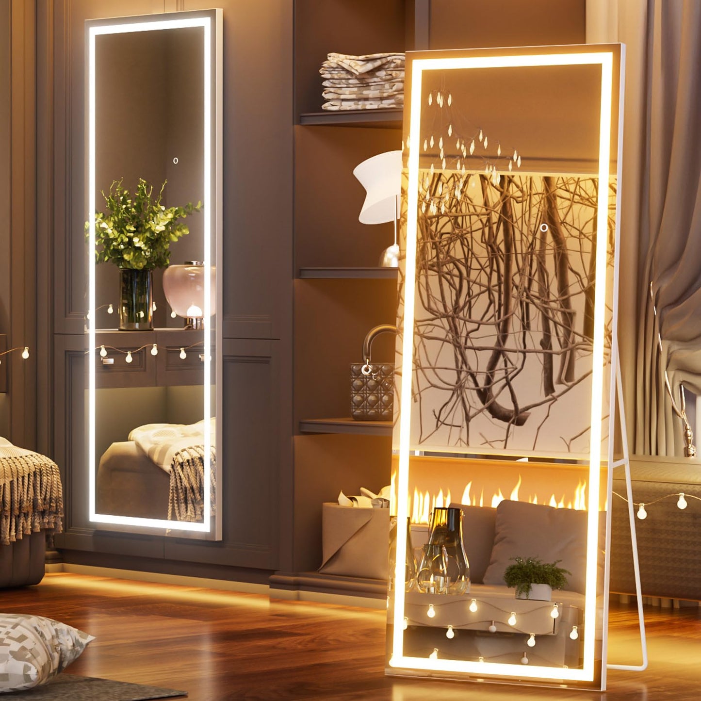 Pertetey 79x36 Inch LED Full Length Mirror with Lights, White Frame Dimmable & 3 Color Modes Floor & Wall Mounted Long Mirror