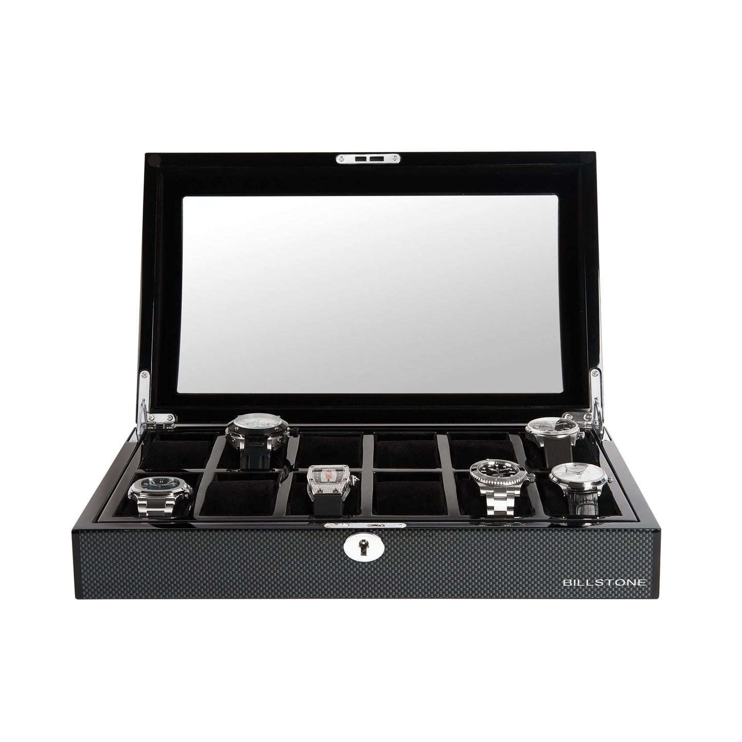 BILLSTONE Romanoff 12 Watch Box – 12 Slot Watch Organizer, Carbon Fiber Finish with Black Velvet Interior