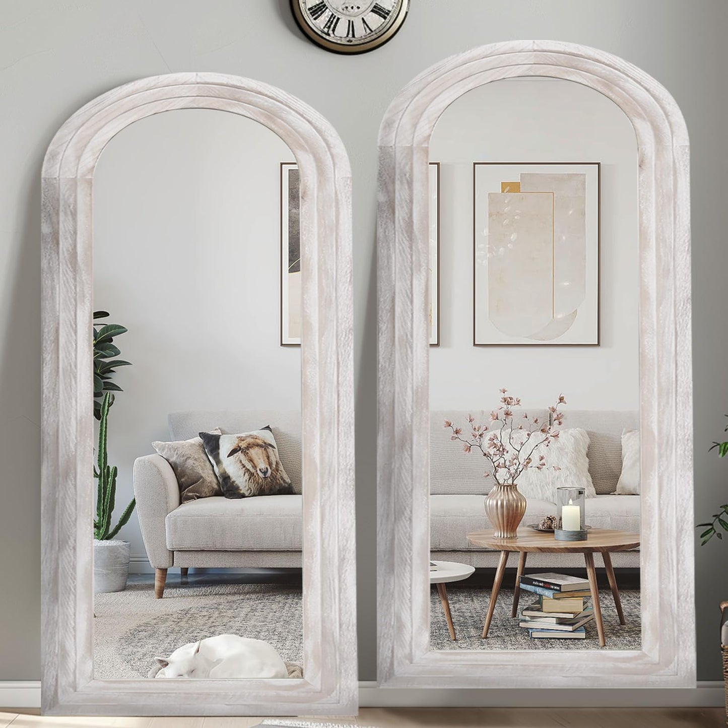 ZHUNFA Arched Full Length Mirror with Solid Wood Frame, 71x32 Farmhouse Wall Mirror Full Length with Stand, Vertical Hanging, Leaning Standing for Bedroom, Living Room, Rustic White