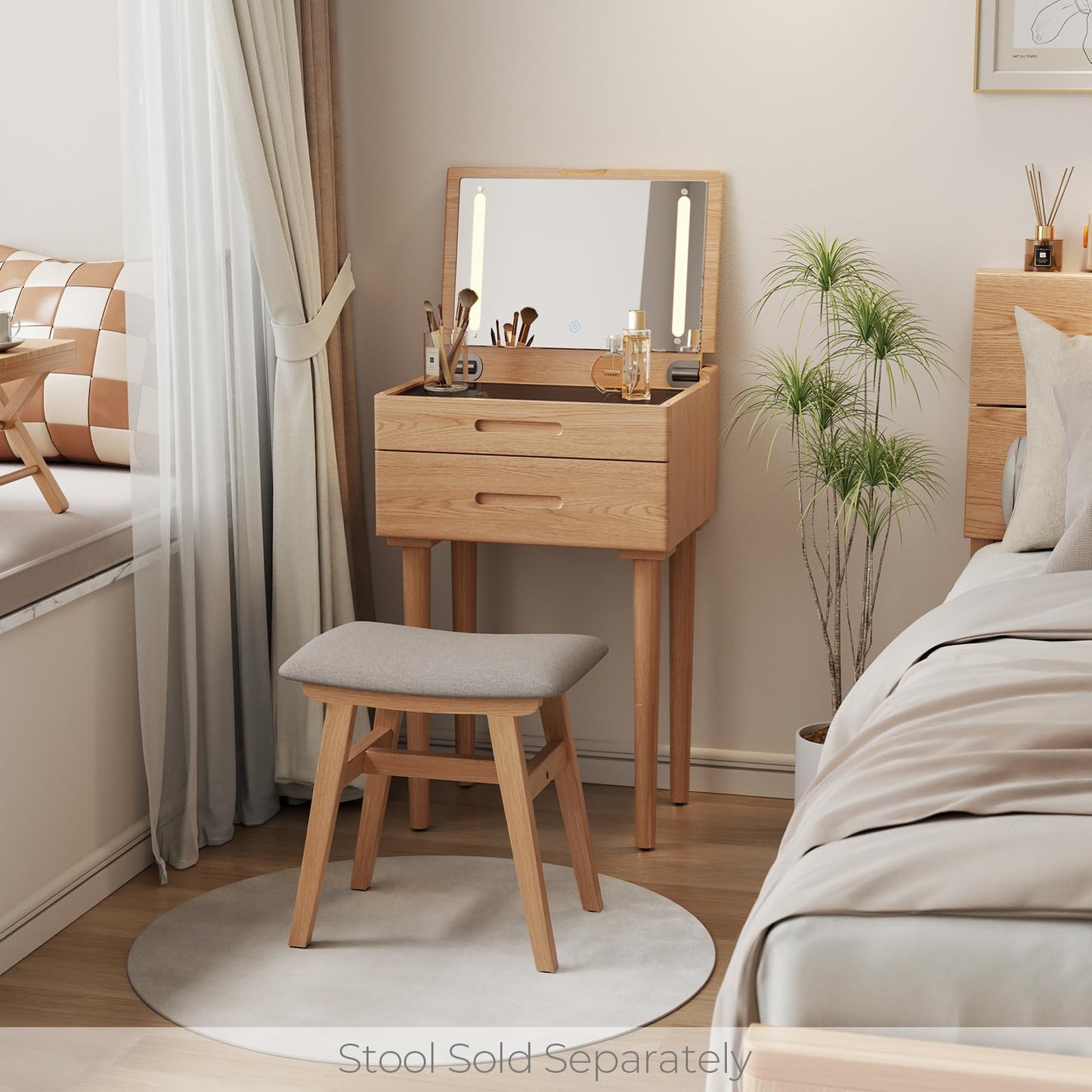 Muwuele Solid Wood Small Vanity Desk with Mirror and Lights, Narrow Makeup Vanity for Small Space, Flip Top Vanity Side Table, 3 Color Modes & Adjustable Brightness, 19.6" Slim Dressing Table, Natural